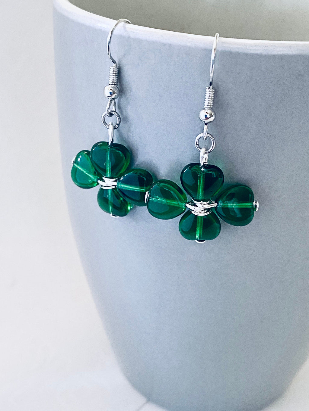 St. Patrick's Day Clover Earrings, Green Heart Beads, Irish Gift