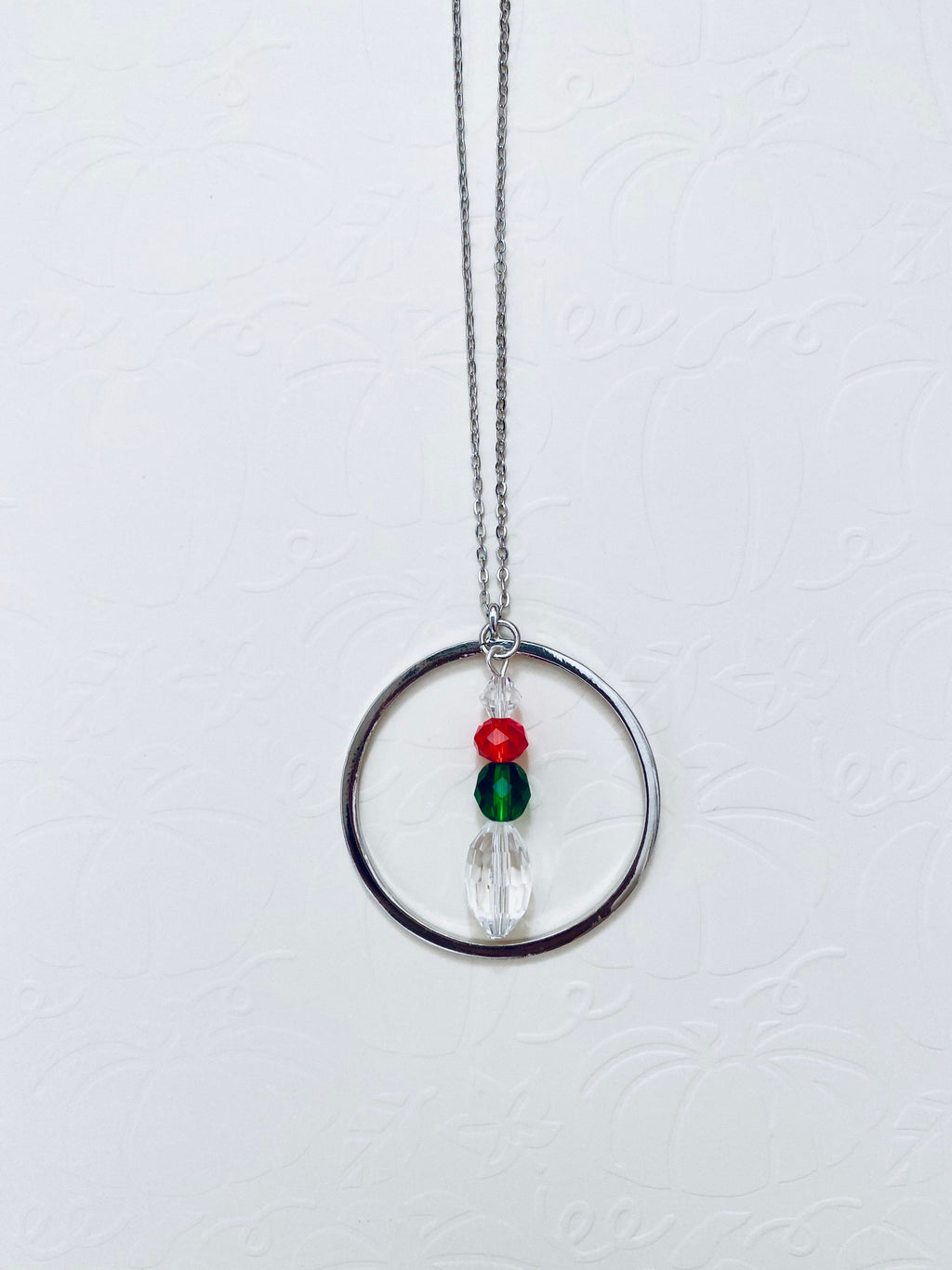 Festive Circular Pendant Necklace, Red Green Crystal Beads, 30 inch Silver Chain