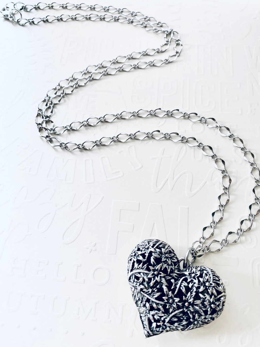 Flower Filigree Heart Pendant Necklace, Silver Plated Chain