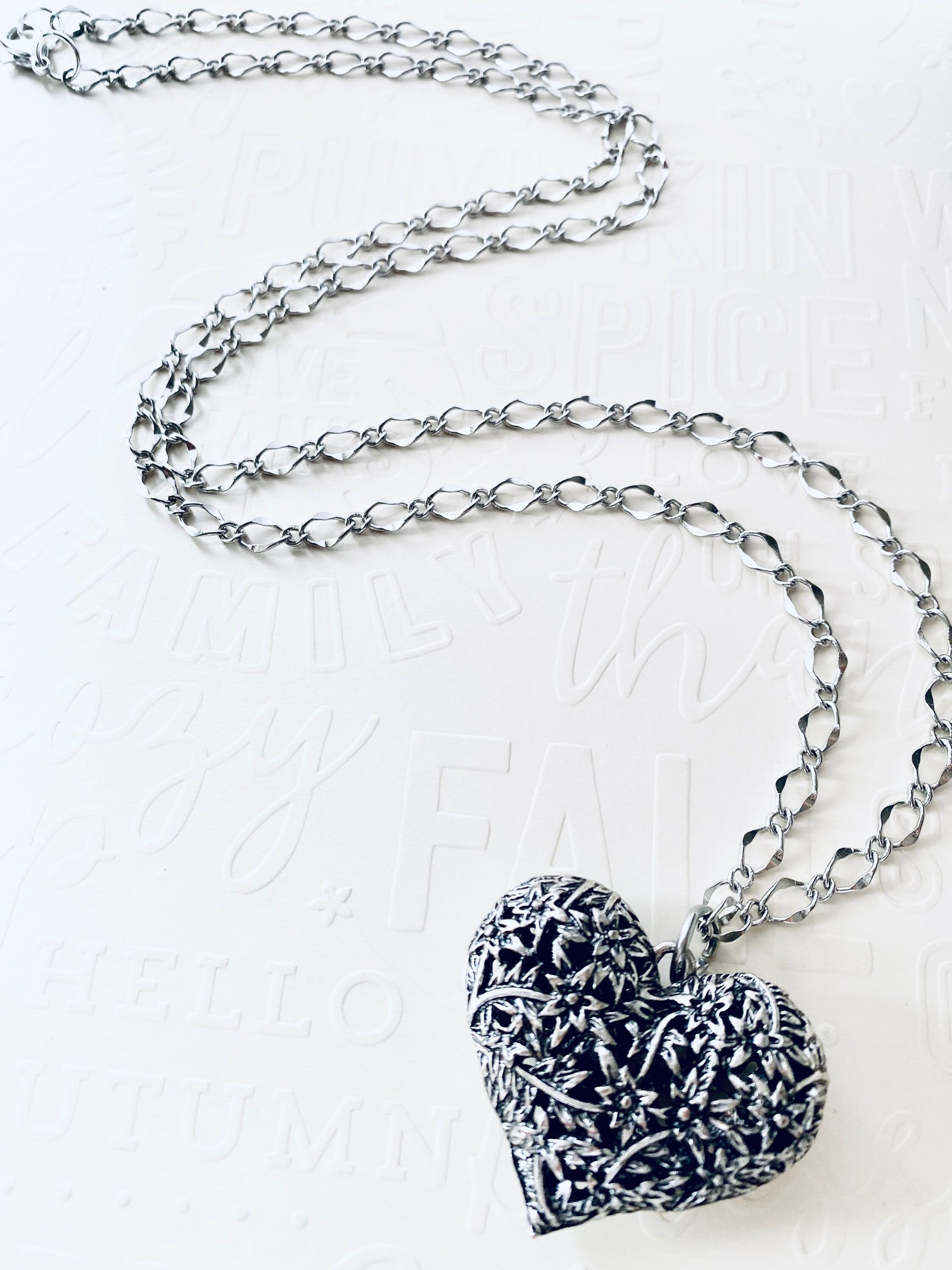 Flower Filigree Heart Pendant Necklace, Silver Plated Chain