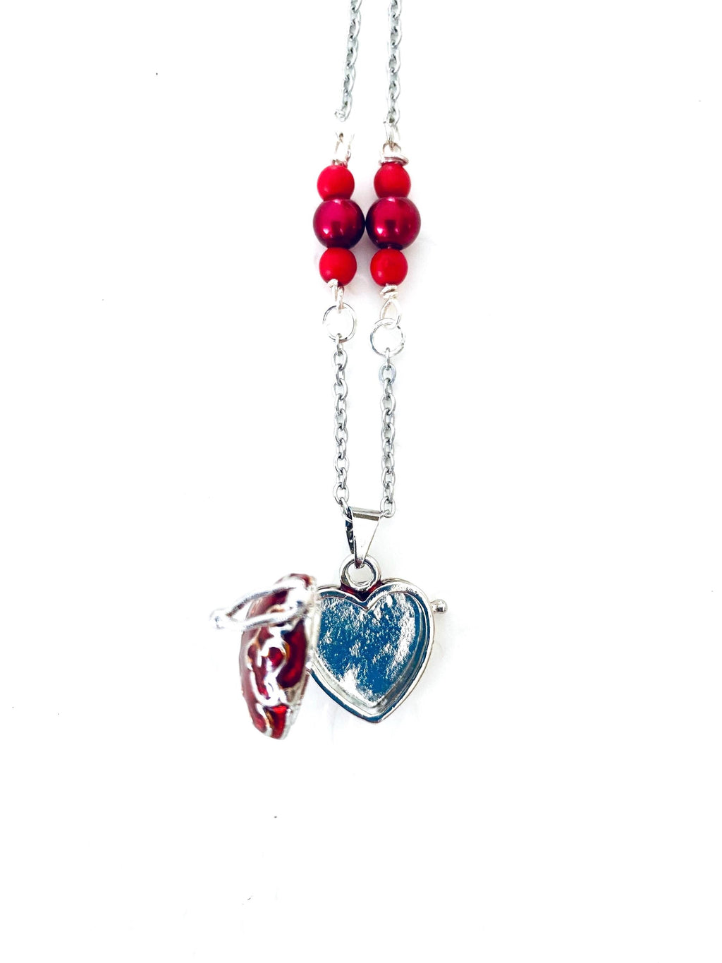Red Heart Locket Necklace, Filigree Pendant, Sentimental Keepsake