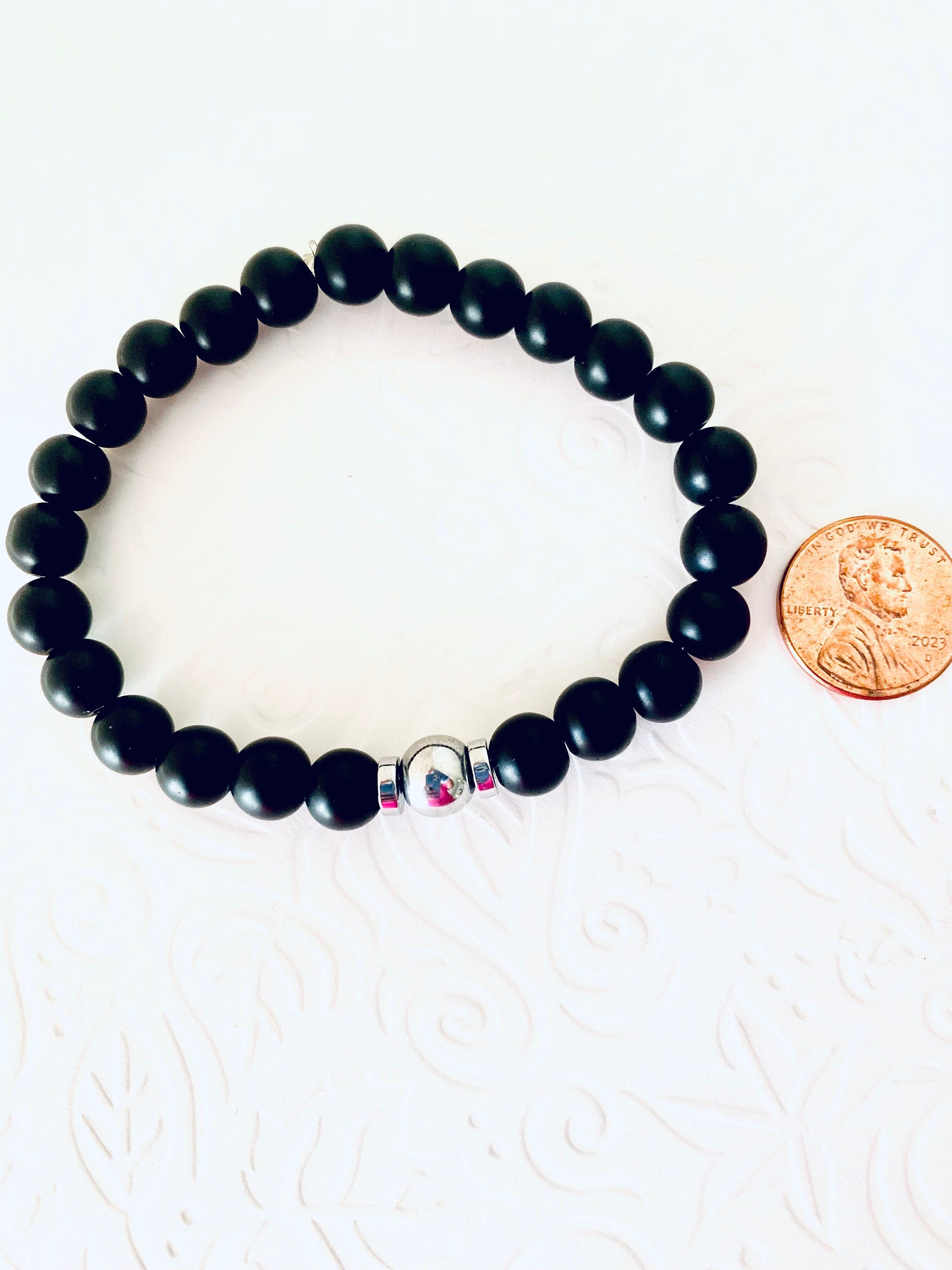 Matte Onyx Gemstone Bracelet, Silver Hematite Focal Bead, Unisex