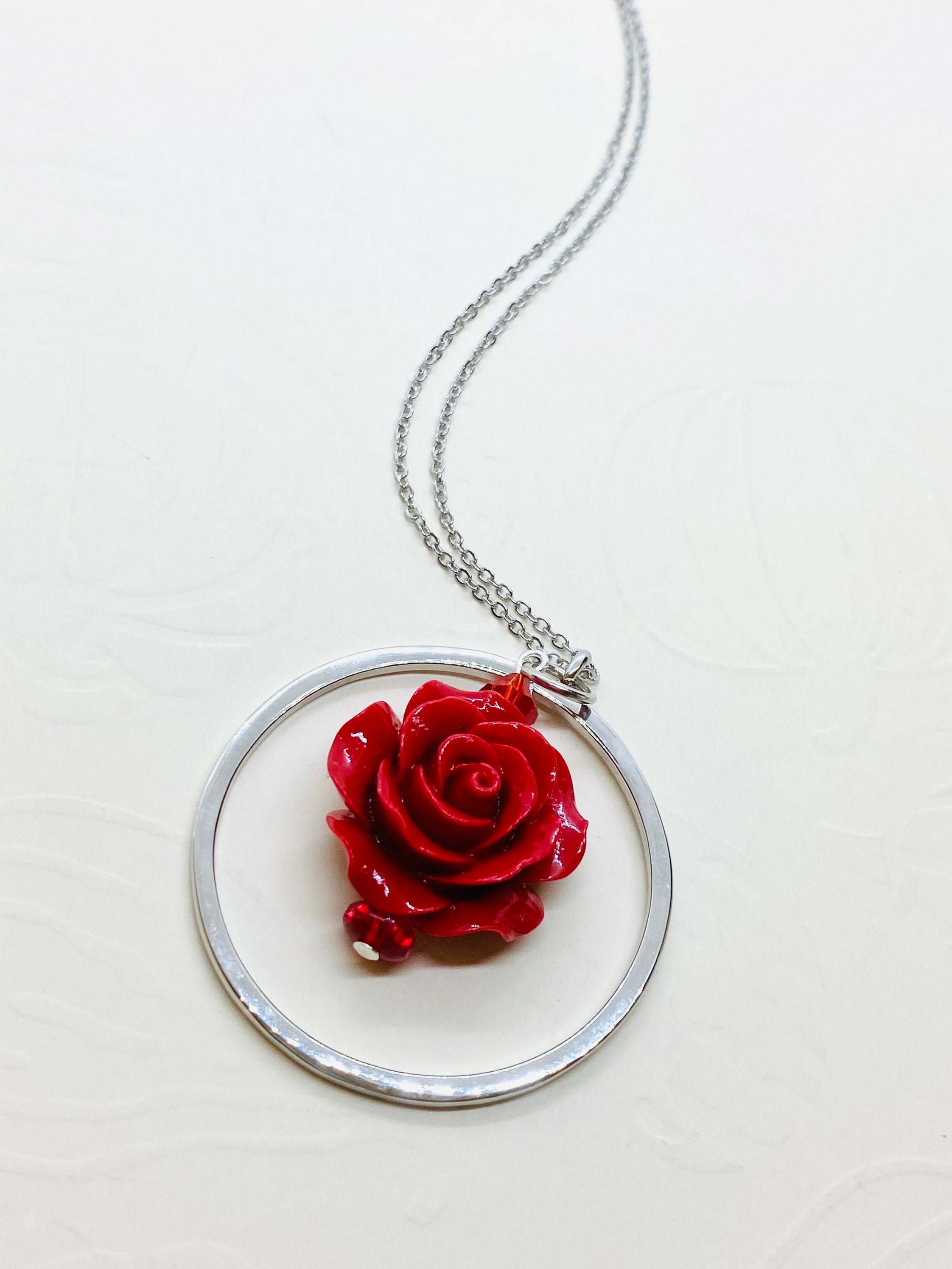 Red Rose Circular Pendant Necklace, Silver Plated, 30 inch