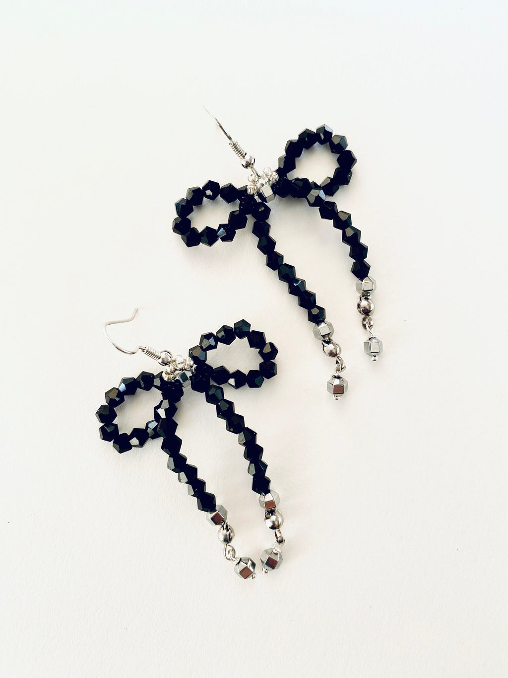 Black Crystal Bow Earrings, Silver Plated Hooks, Beaded Festive Jewelry