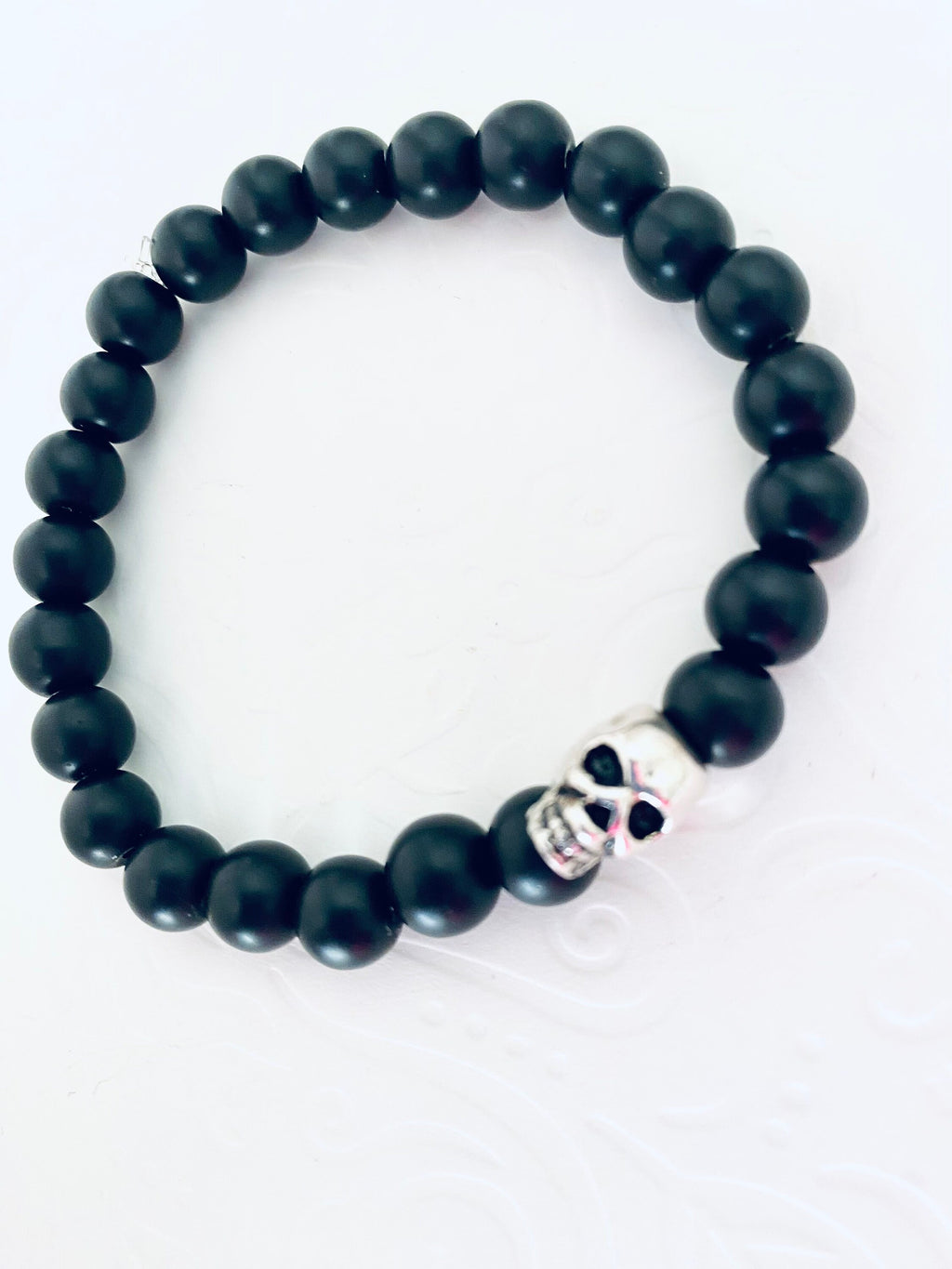 Day of the Dead, Onyx Bracelet, silver skeleton, matte onyx bracelet, unisex stretch bracelet, Gemstone with meaning, great gifts