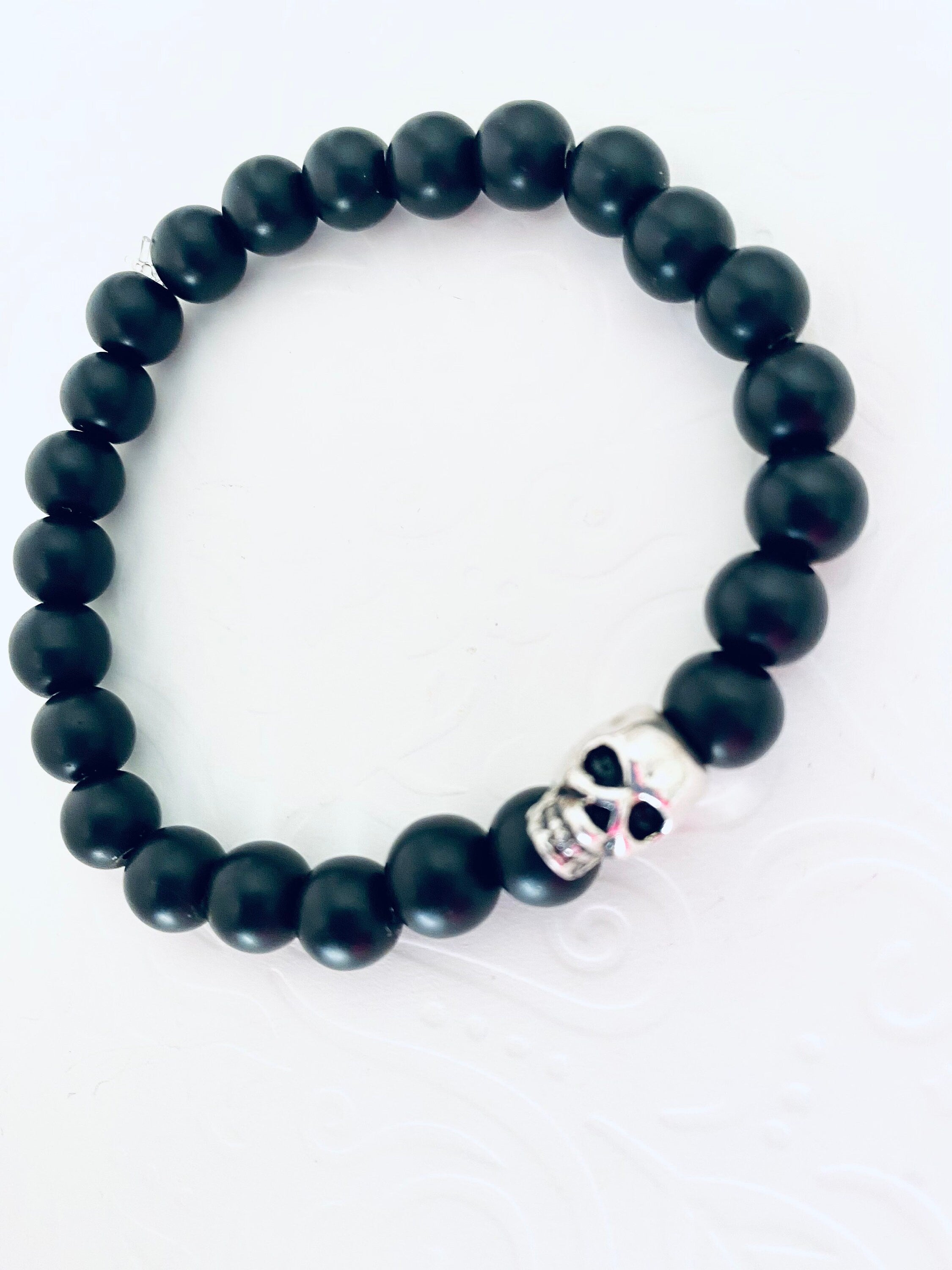 Day of the Dead, Onyx Bracelet, silver skeleton, matte onyx bracelet, unisex stretch bracelet, Gemstone with meaning, great gifts