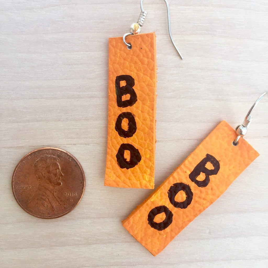 Halloween Leather Earrings, Hand-Painted 'Boo' Design, Spooky Chic