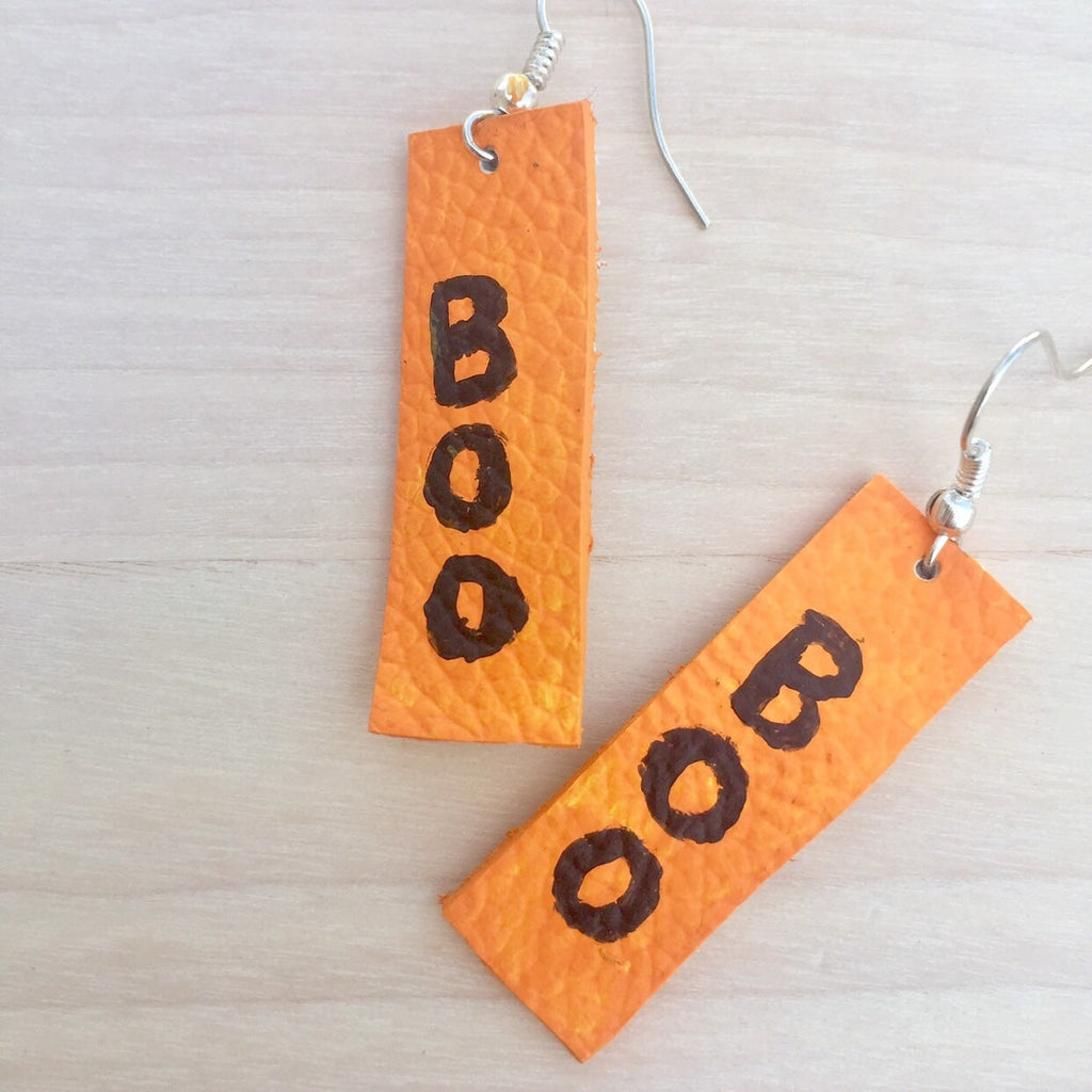 Halloween Leather Earrings, Hand-Painted 'Boo' Design, Spooky Chic