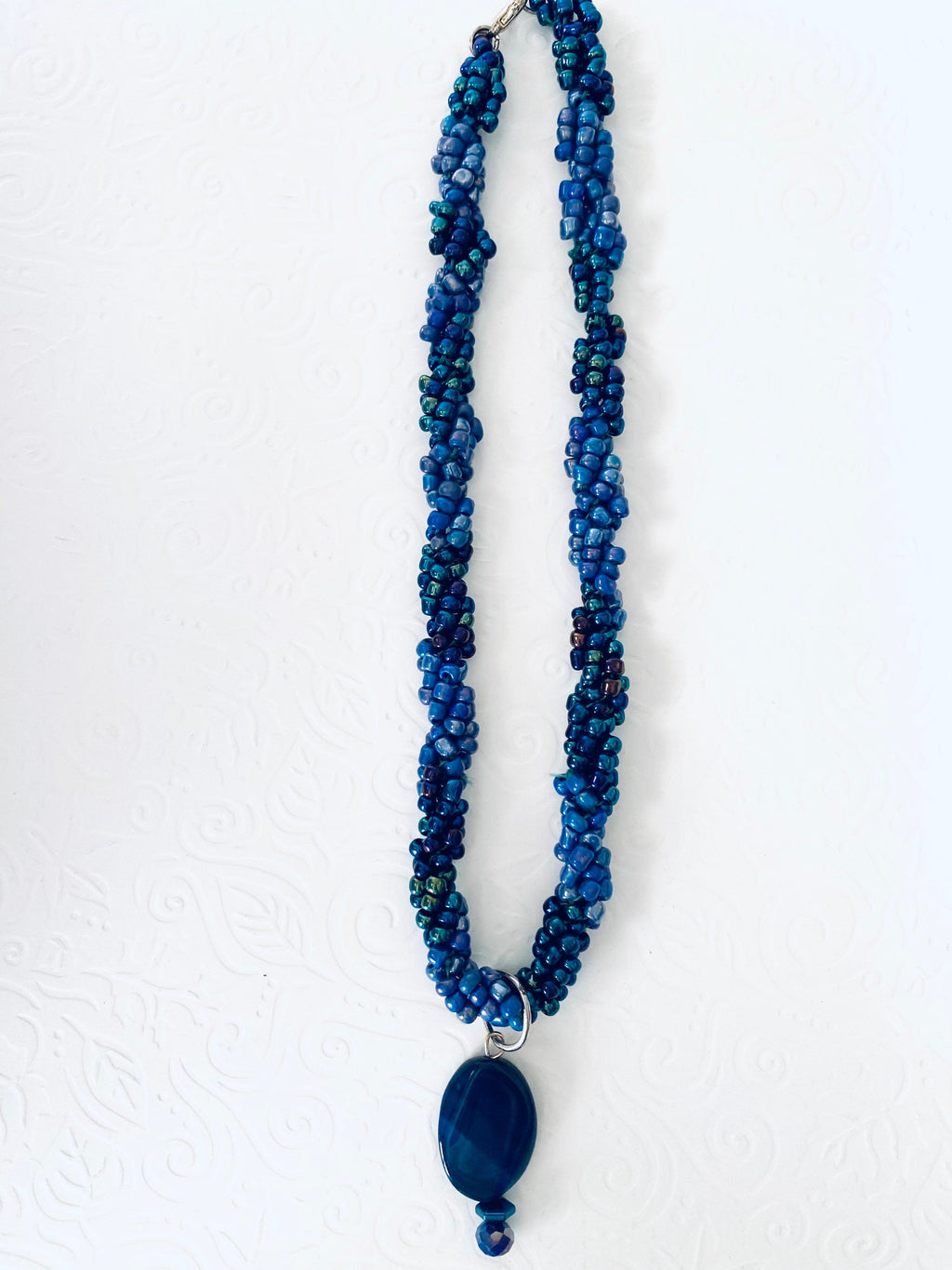 Iridescent Blue Beaded Spiral Necklace, Handmade Elegant Pendant