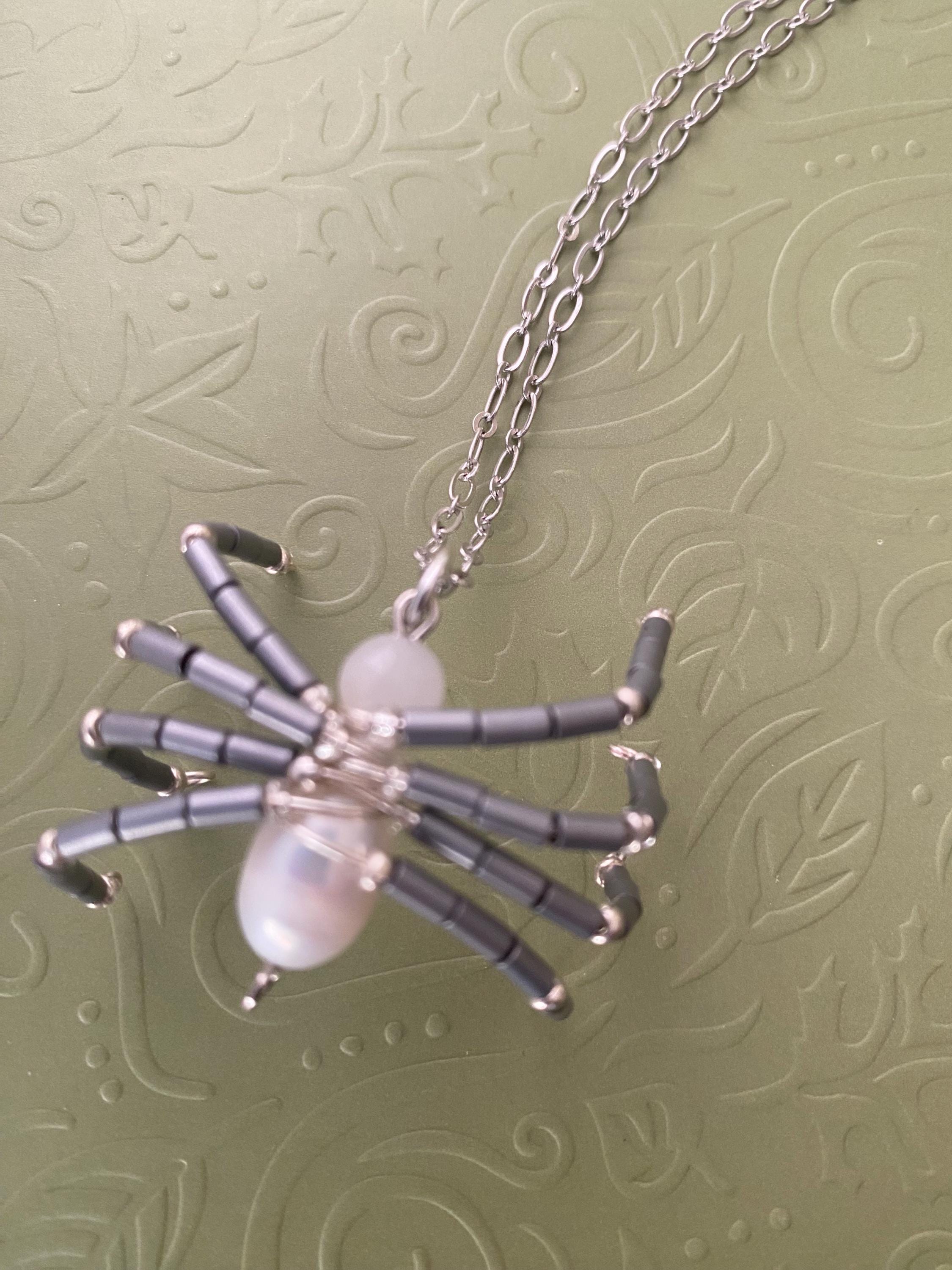 Beaded Spider Necklace, Pearl Pendant, Halloween Jewelry