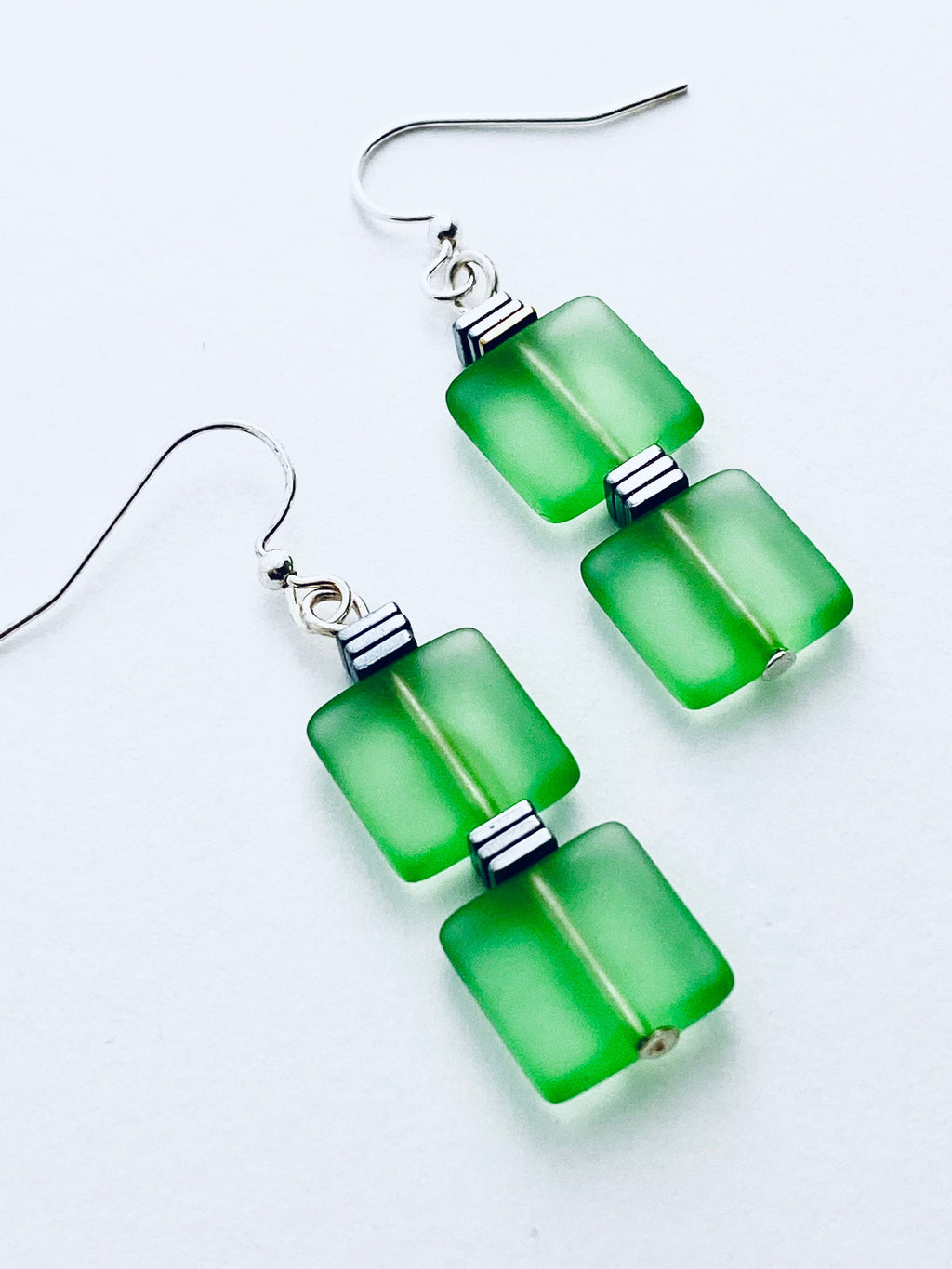 Green Sea Glass Dangle Earrings, Silver Plated Components