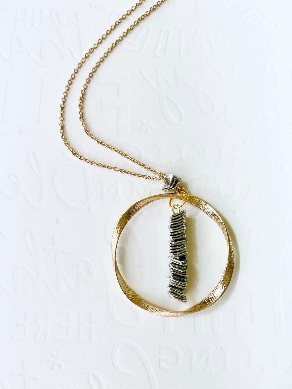 Gold Plated Circular Pendant Necklace with Silver Beads, 30 Inch