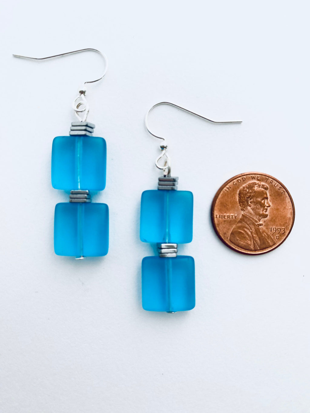 Blue Sea Glass Earrings, Silver Accents, Sleek Square Drop