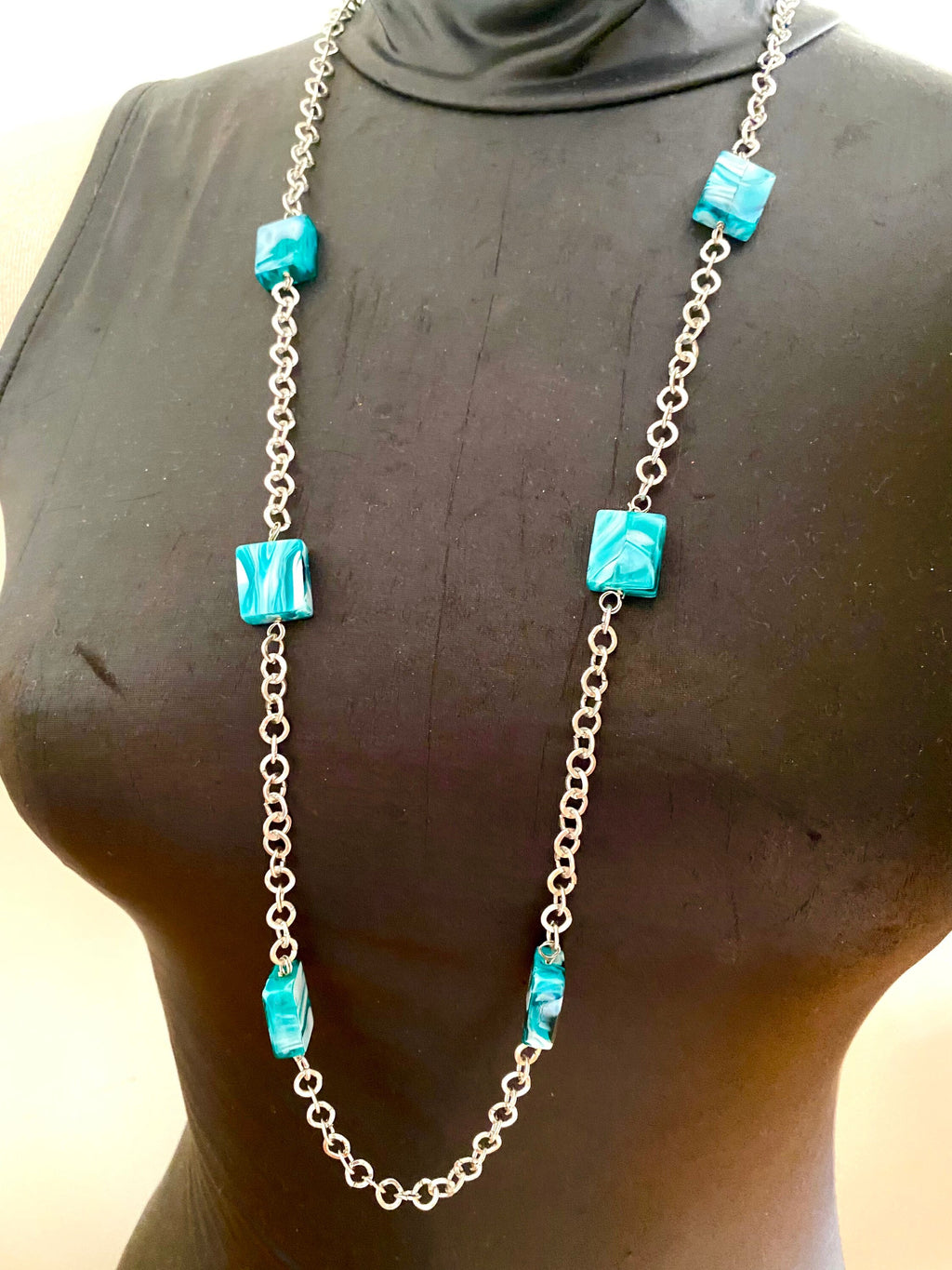 Blue Swirl Glass Bead Necklace, Silver Chain, 32 Inch