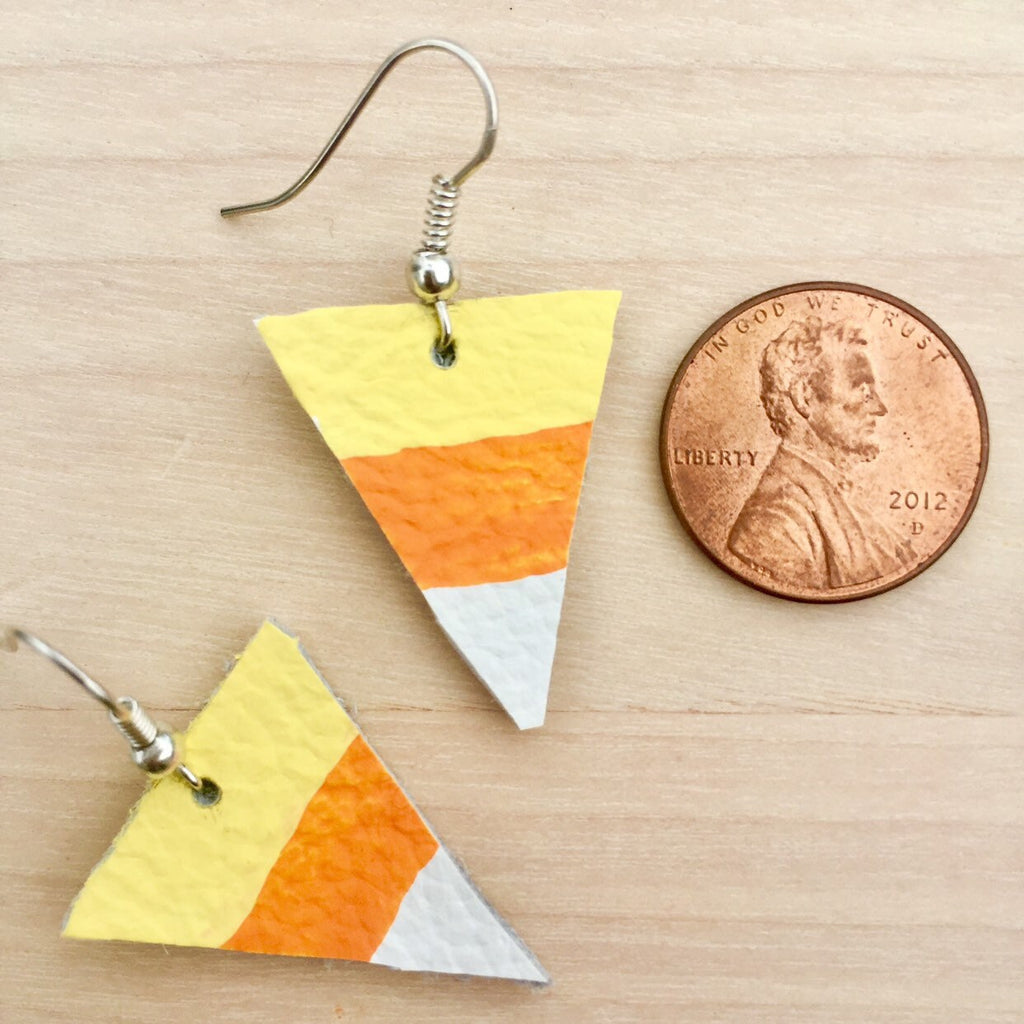 Candy Corn Leather Earrings, Hand-Painted Halloween Jewelry