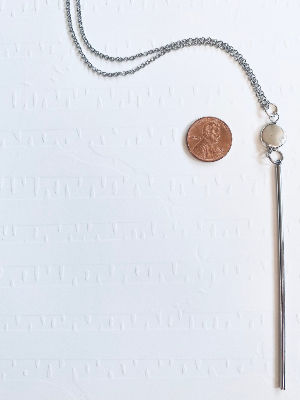 Silver Bar Pendant Necklace, Long Cable Chain, Bead Accent