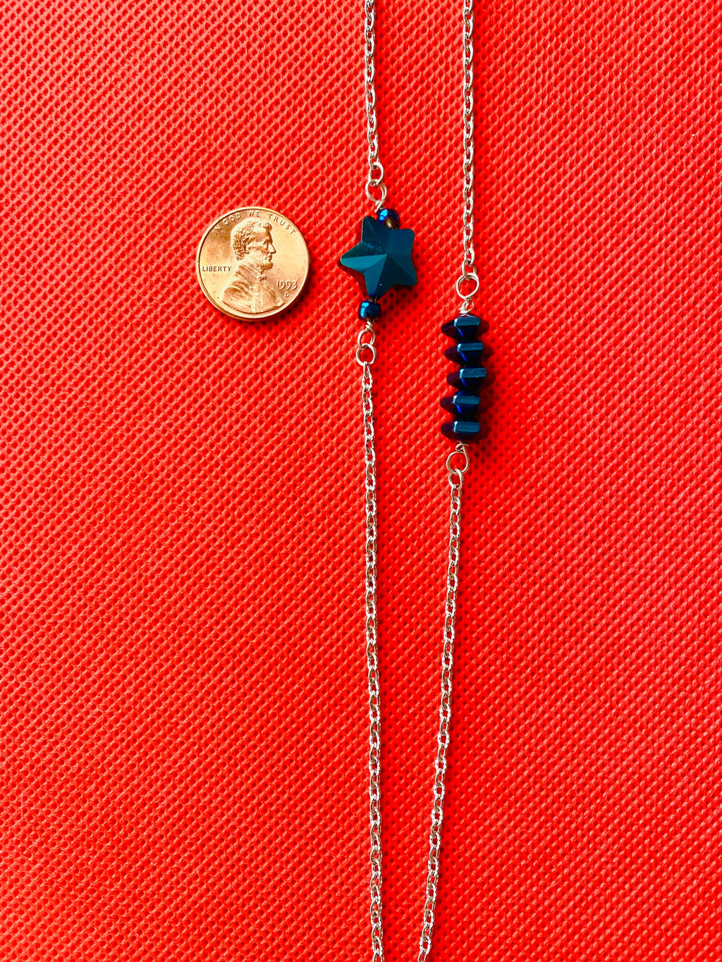 Handmade Blue Iridescent Star Necklace, Silver Chain, Patriotic Jewelry
