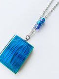 Iridescent Blue Locket Pendant Necklace, Silver Chain, 30 inch