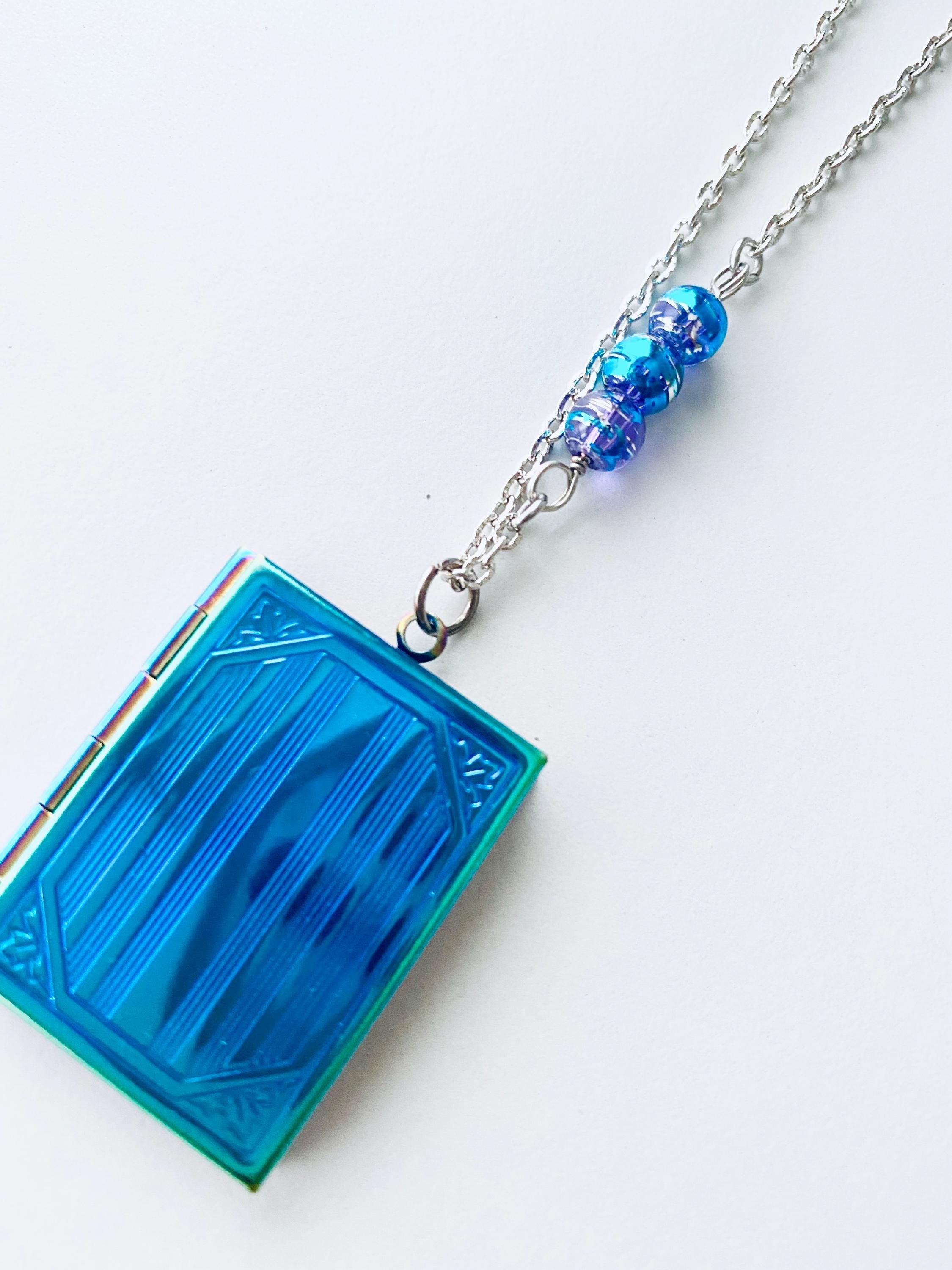 Iridescent Blue Locket Pendant Necklace, Silver Chain, 30 inch