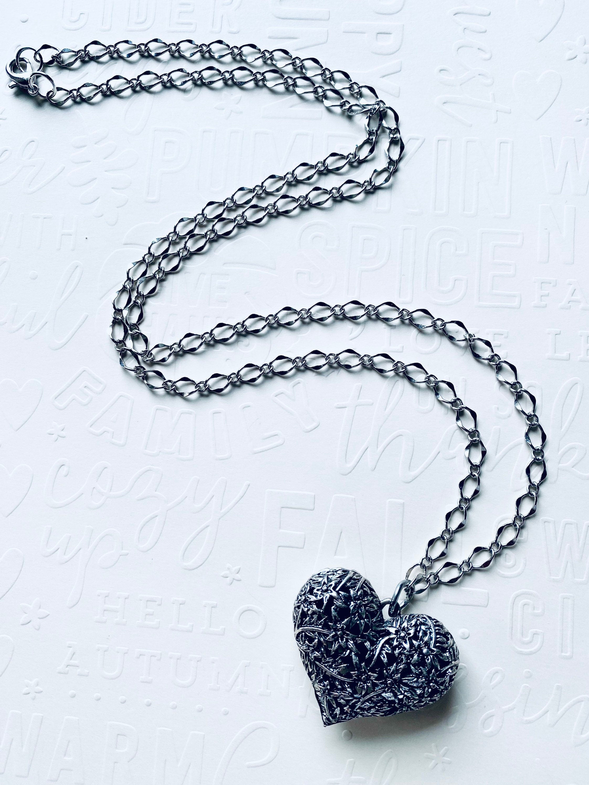 Flower Filigree Heart Pendant Necklace, Silver Plated Chain