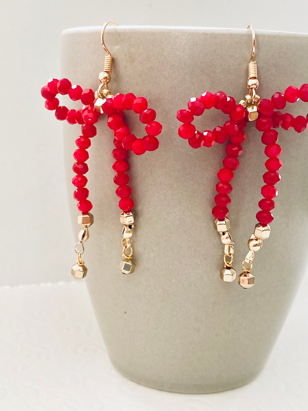 Red Crystal Bow Earrings, Gold Plated Hooks, Handmade