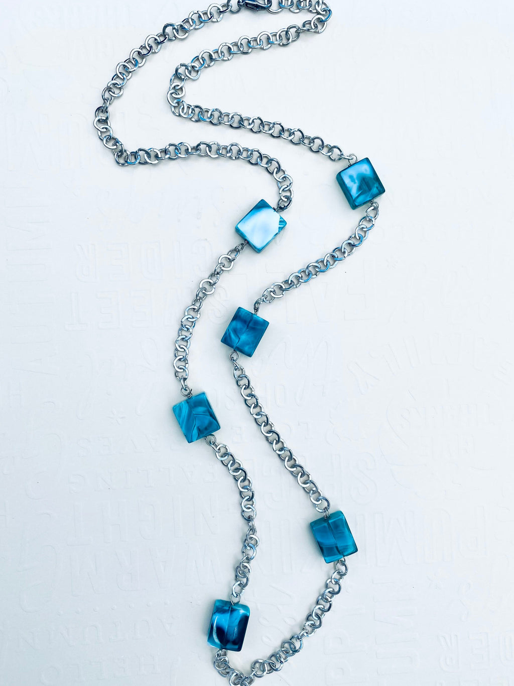 Blue Swirl Glass Bead Necklace, Silver Chain, 32 Inch