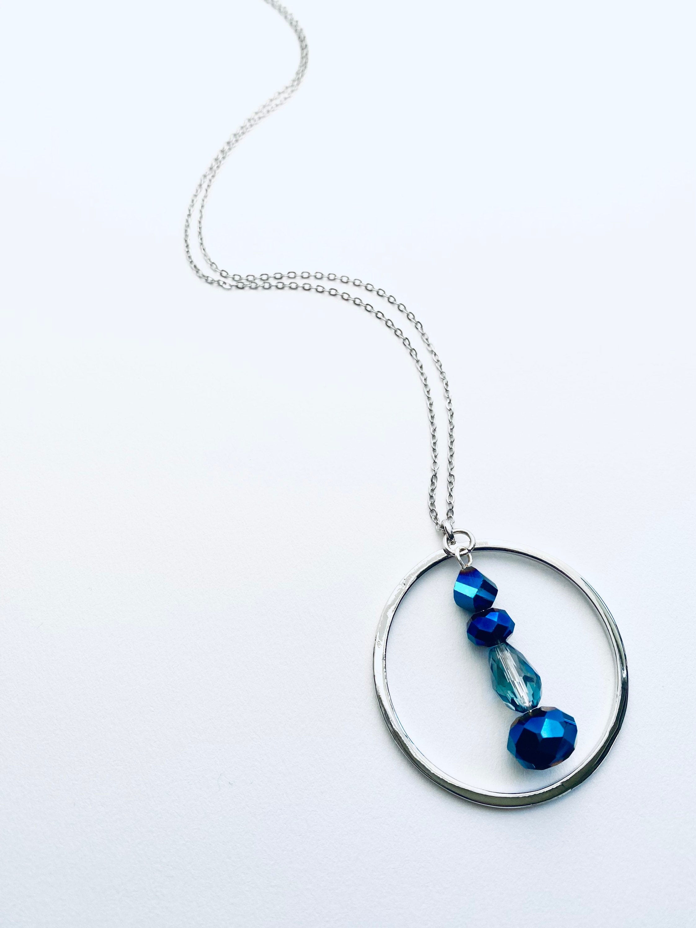 Blue Iridescent Beaded Pendant Necklace, Silver Plated, 30 Inch