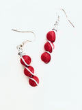 Red Coral Bead Earrings, Silver Plated Spiral Wire, Festive Jewelry