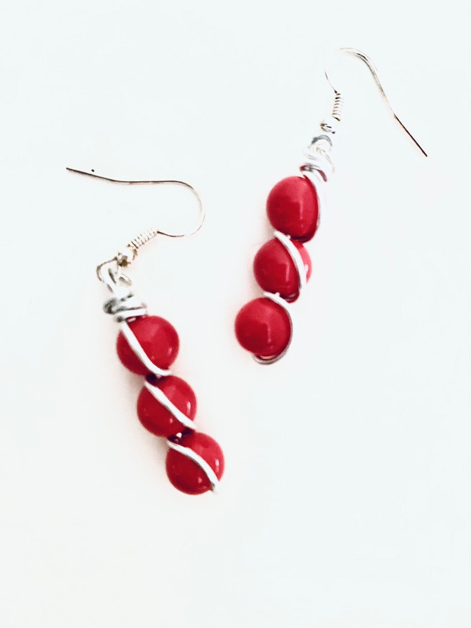 Red Coral Bead Earrings, Silver Plated Spiral Wire, Festive Jewelry