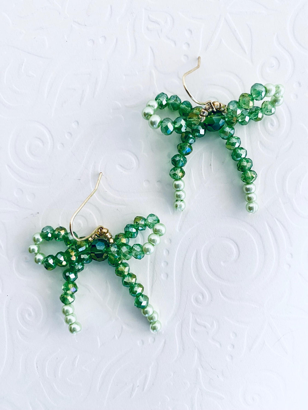 Handmade Green Crystal Bow Earrings, Beaded Dangle Earrings