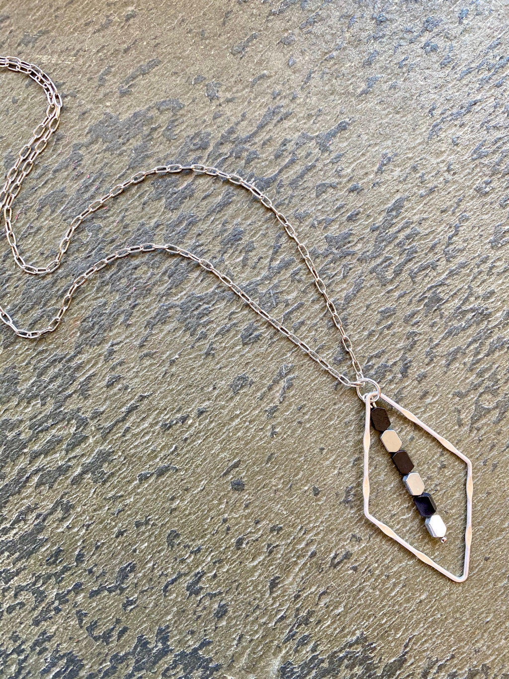 Dainty Silver Diamond Necklace, Black Hematite Beads, Two Tone