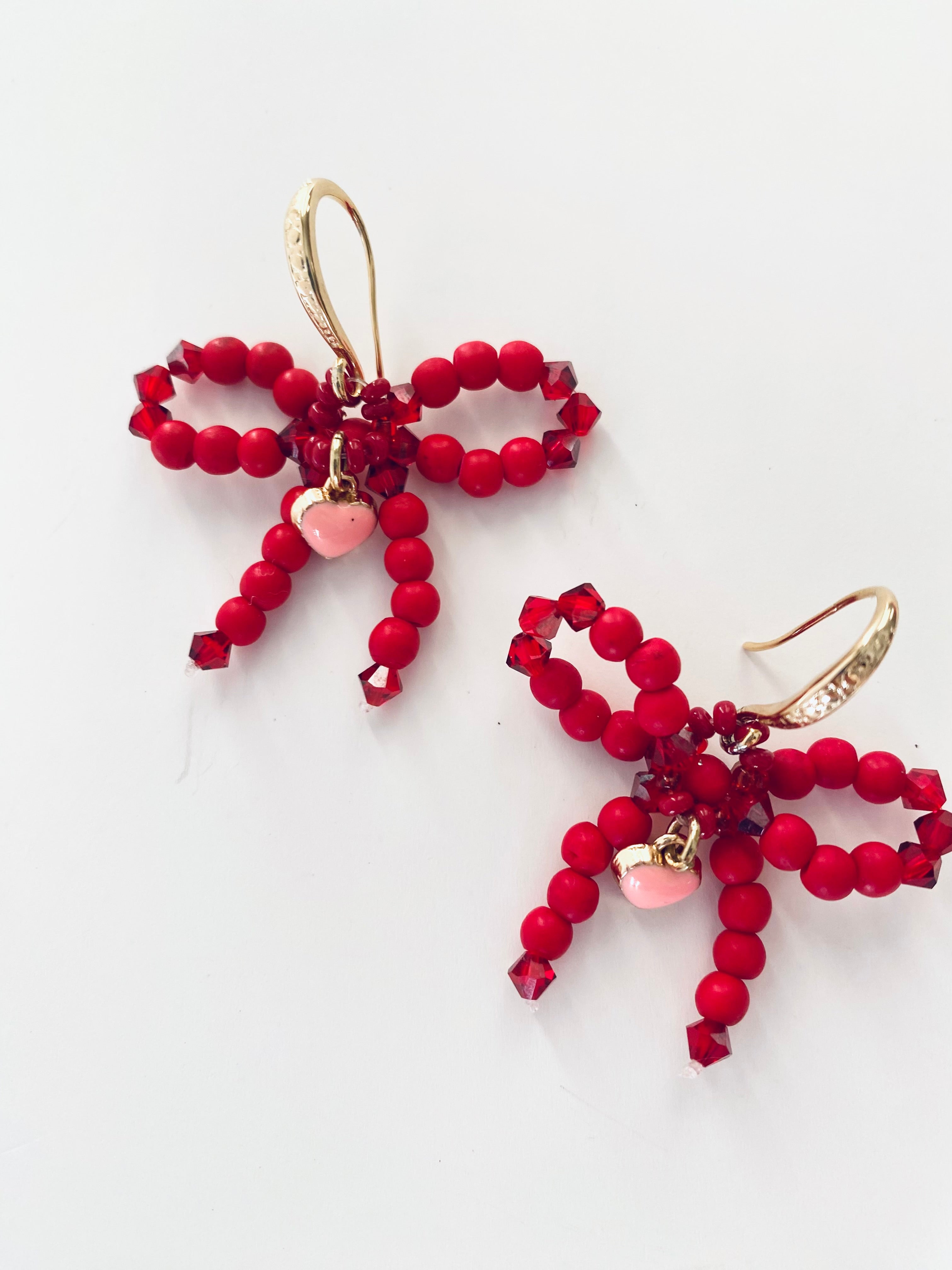 Red Beaded Bow Earrings Handmade in Chicago