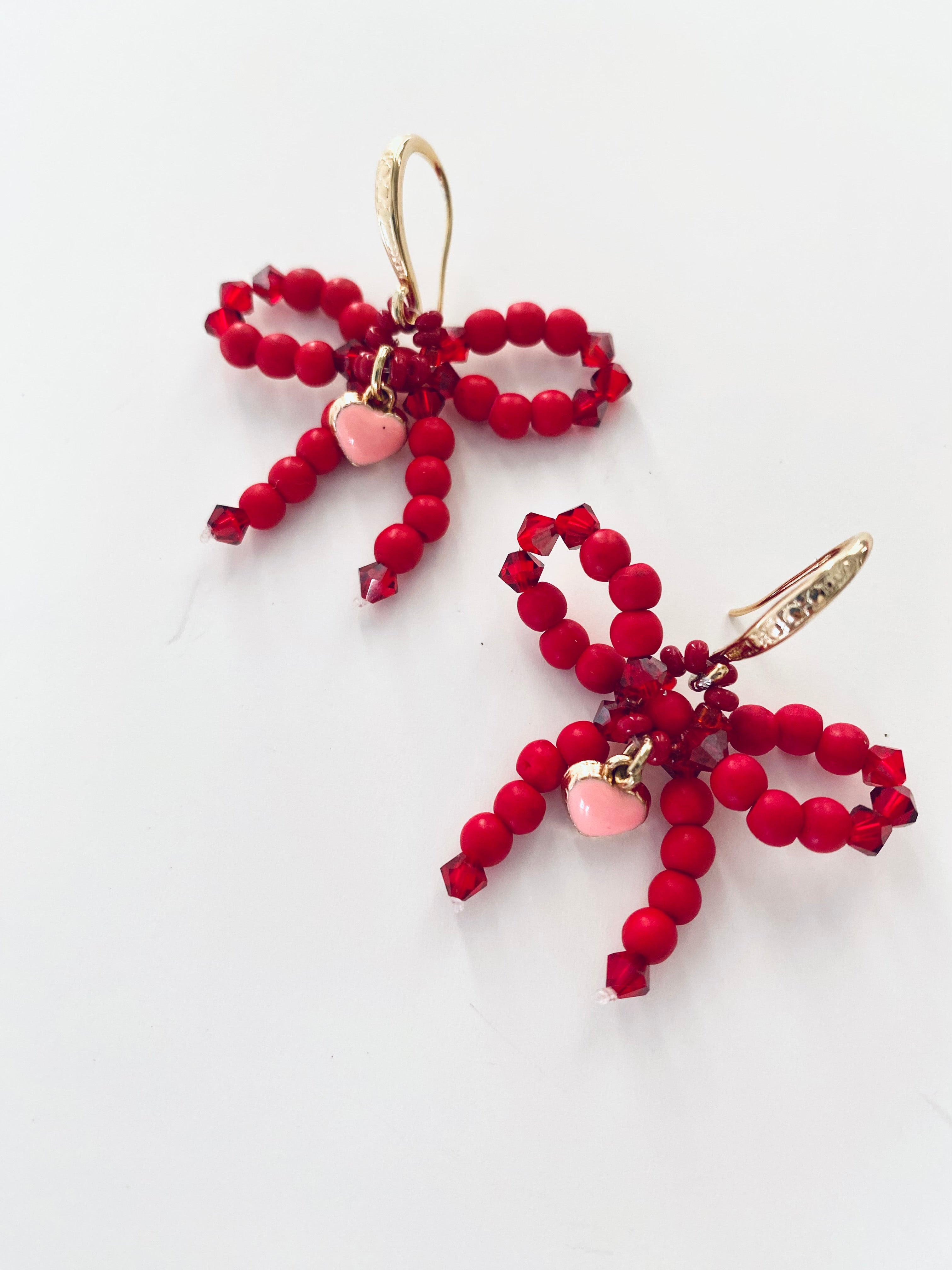 Red Beaded Bow Earrings Handmade in Chicago
