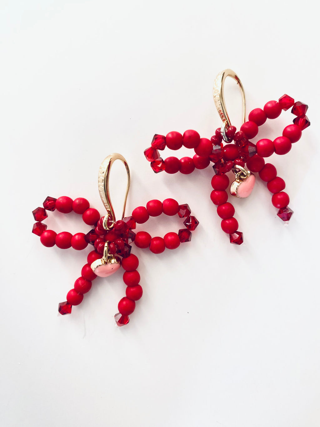 Red Beaded Bow Earrings Handmade in Chicago
