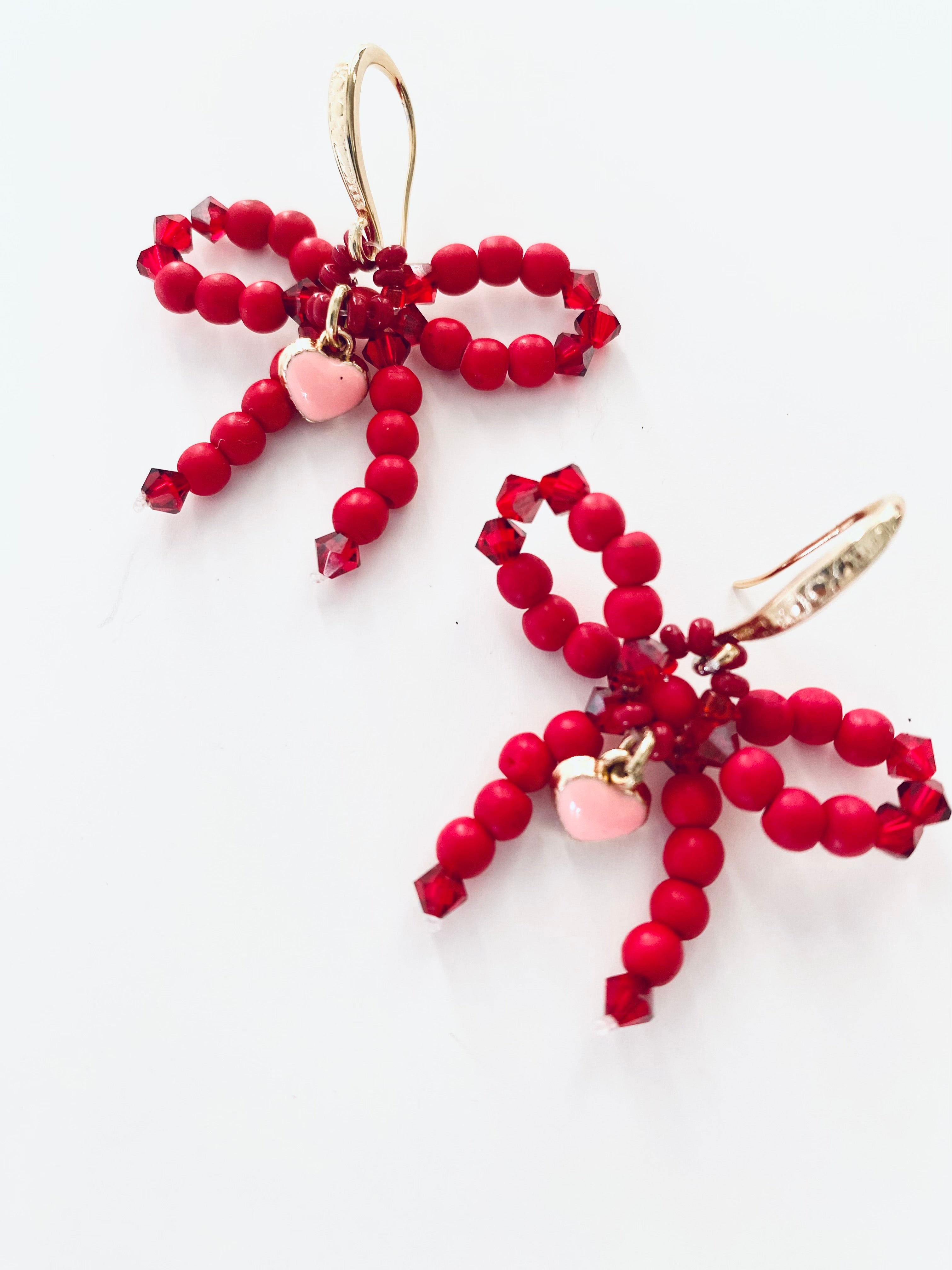 Red Beaded Bow Earrings Handmade in Chicago