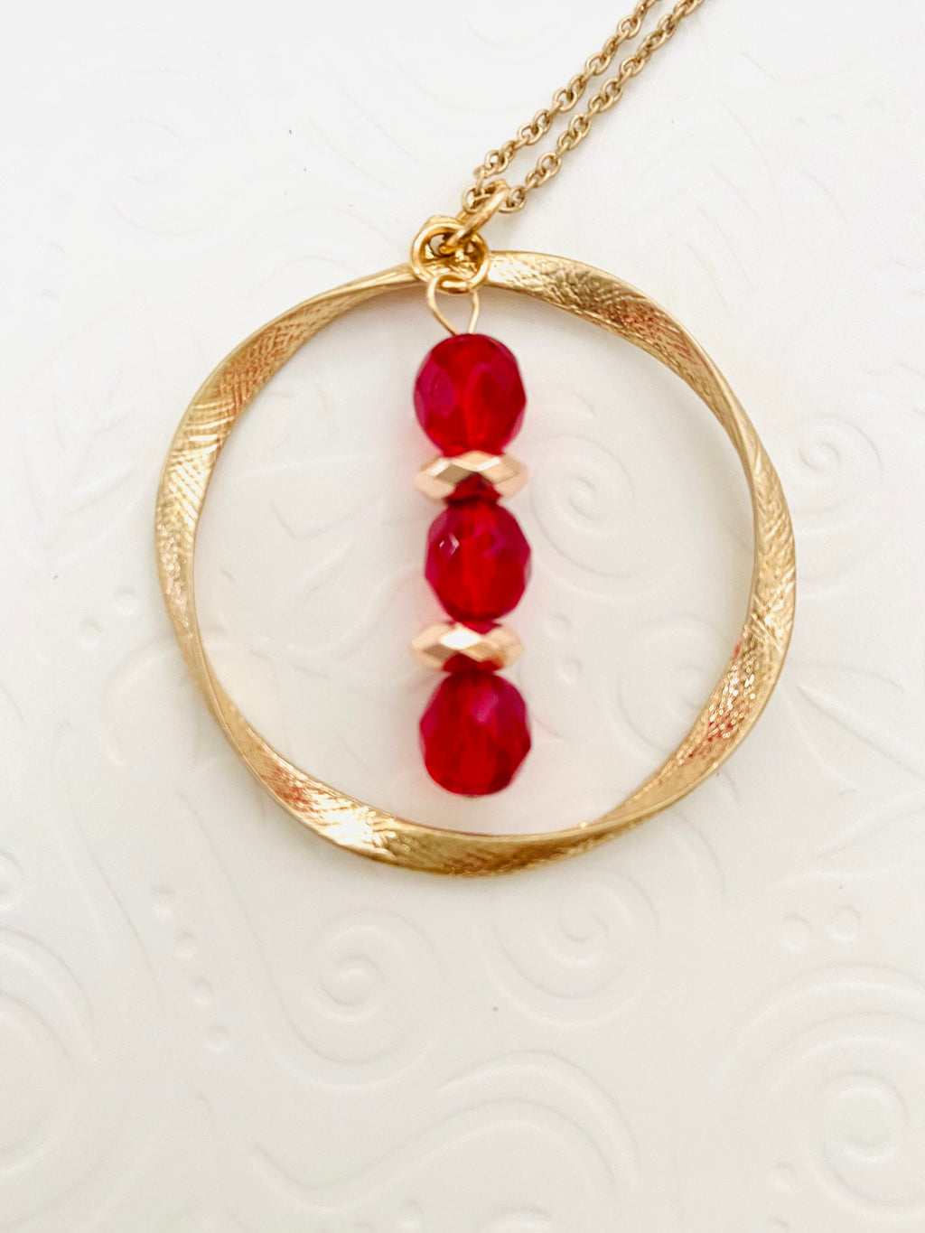 Red Crystal Gold Pendant Necklace, Circular Charm, 30 Inch Chain