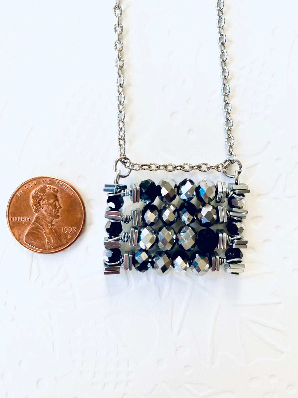 Black Silver Beaded Pendant Necklace, Festive Rectangular Jewelry, 30 Inch Chain