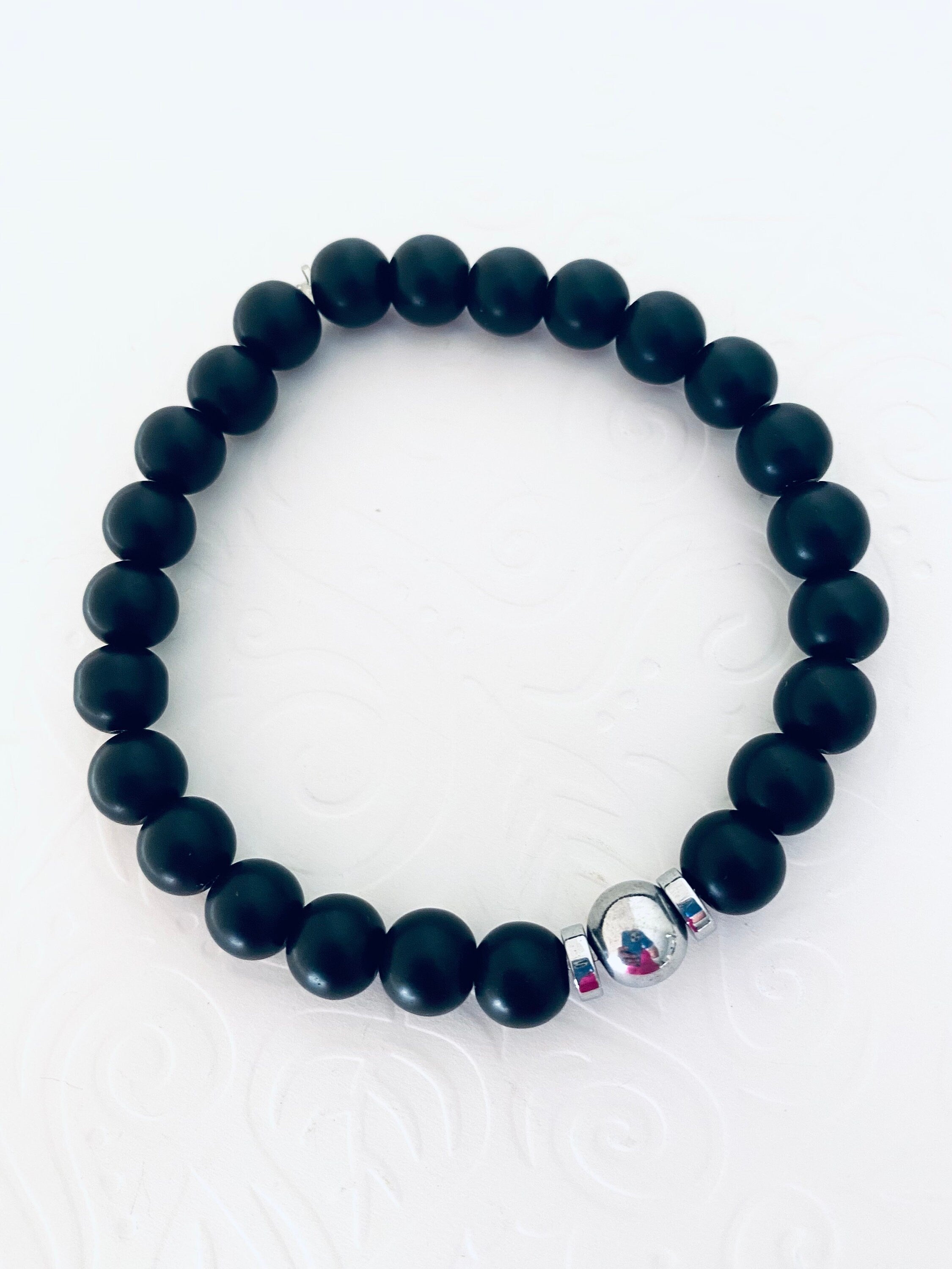 Matte Onyx Gemstone Bracelet, Silver Hematite Focal Bead, Unisex