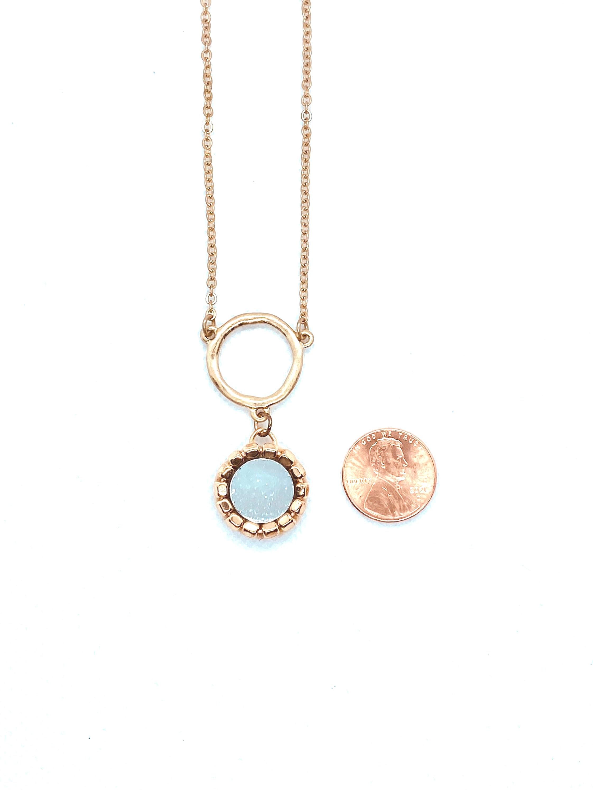 Matte Gold Plated Mirror Pendant Necklace, Beaded Design