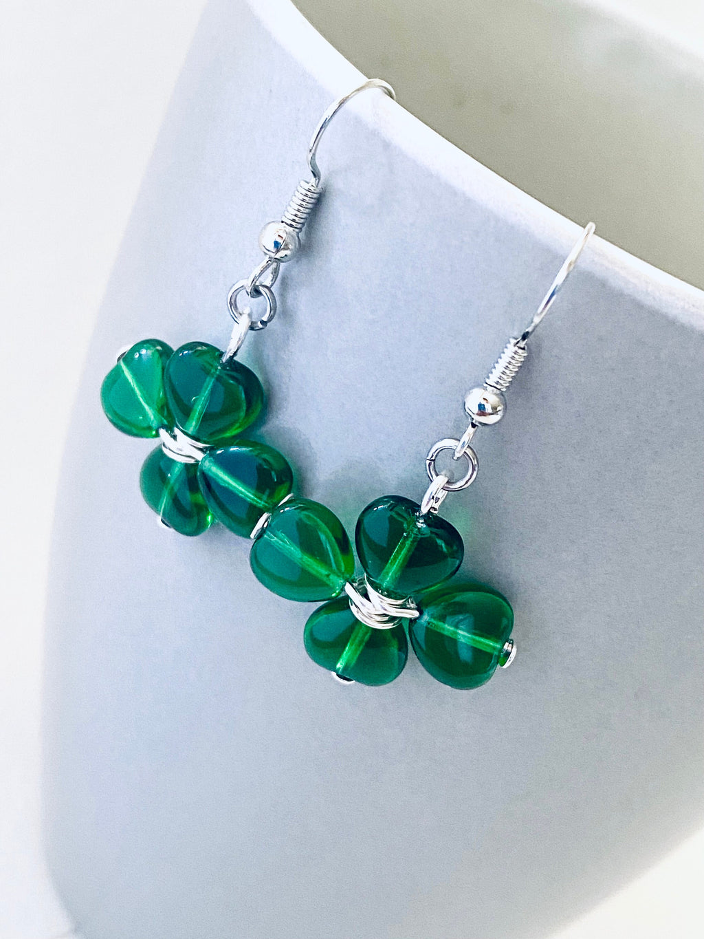 St. Patrick's Day Clover Earrings, Green Heart Beads, Irish Gift