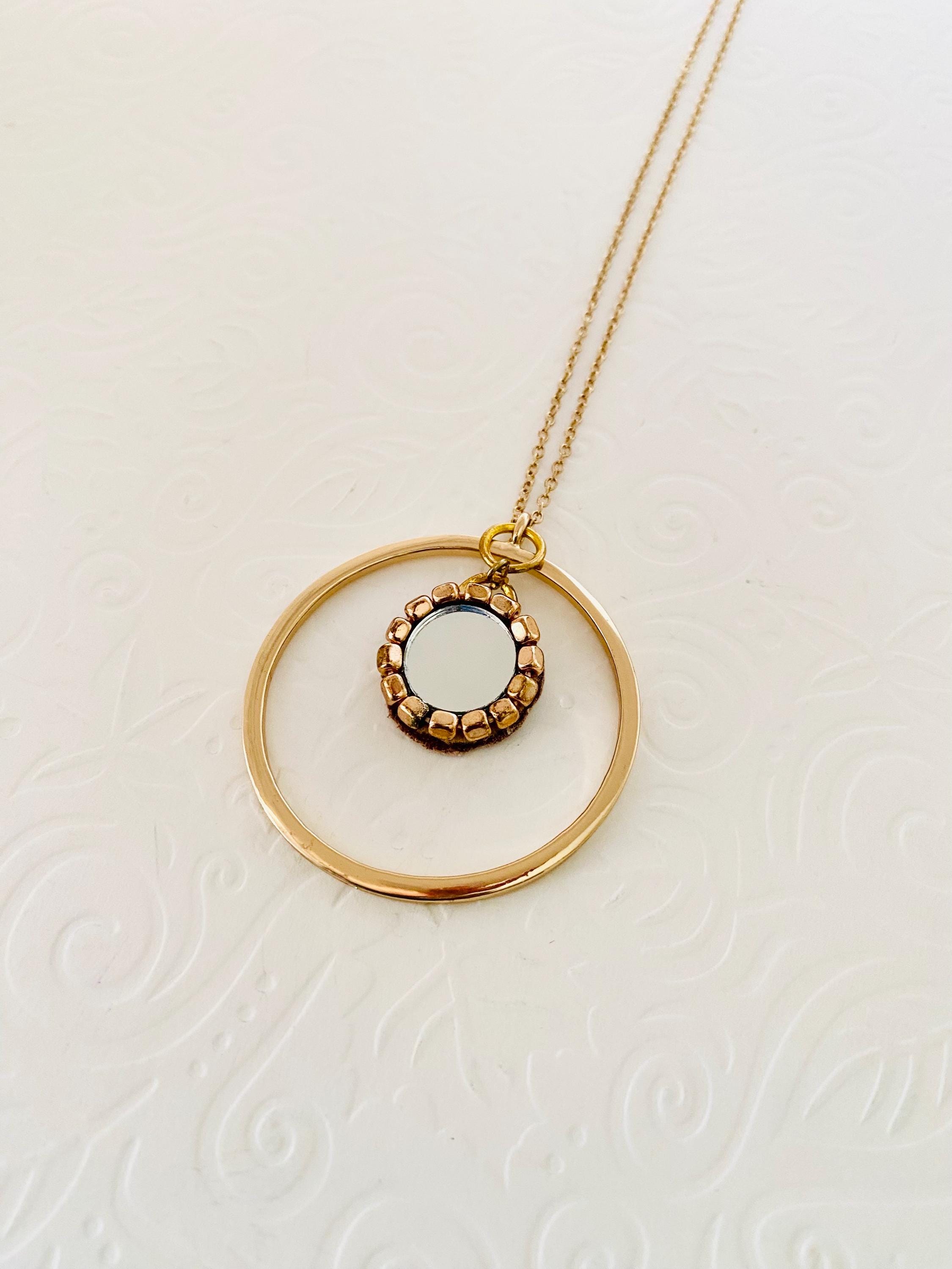 Mirror Pendant Necklace, 30" Gold Plated Circular Necklace
