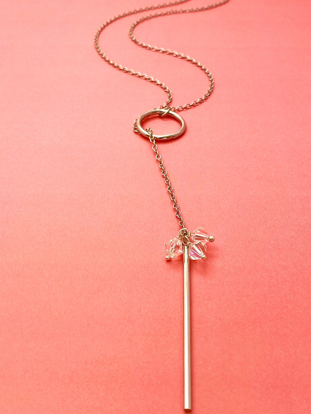 Crystal Lariat Necklace, Silver Chain, Chic Minimalist Jewelry