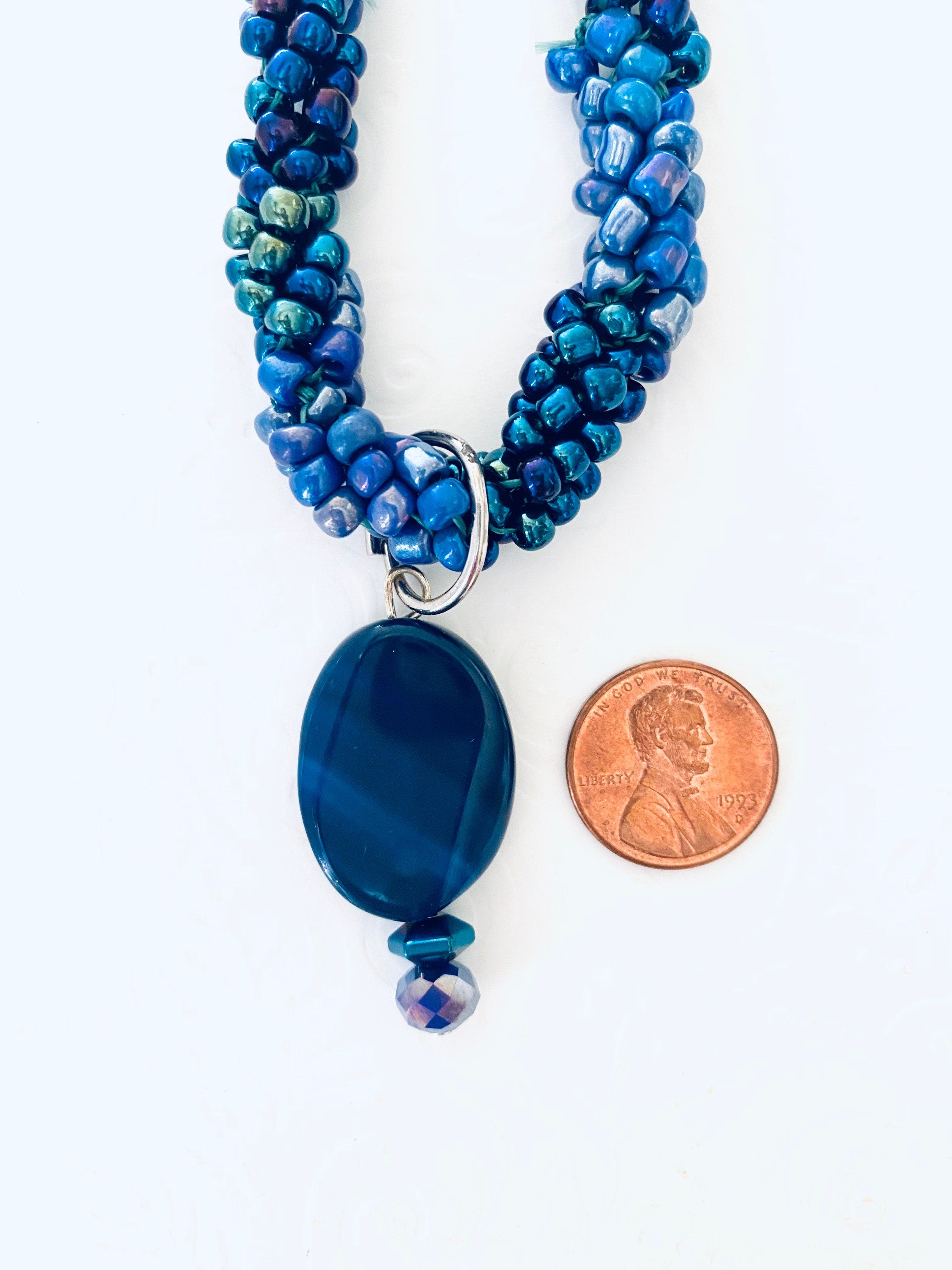 Iridescent Blue Beaded Spiral Necklace, Handmade Elegant Pendant