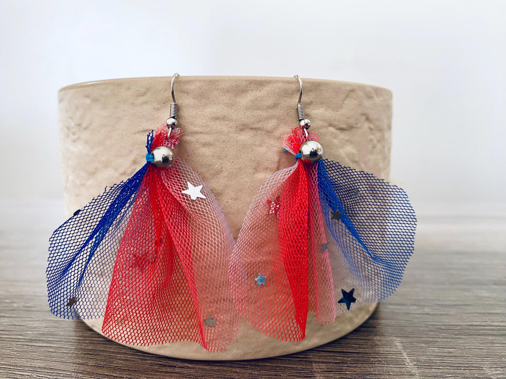 4th of July Tulle Earrings, Patriotic Silver Star Dangle
