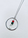 Festive Circular Pendant Necklace, Red Green Crystal Beads, 30 inch Silver Chain