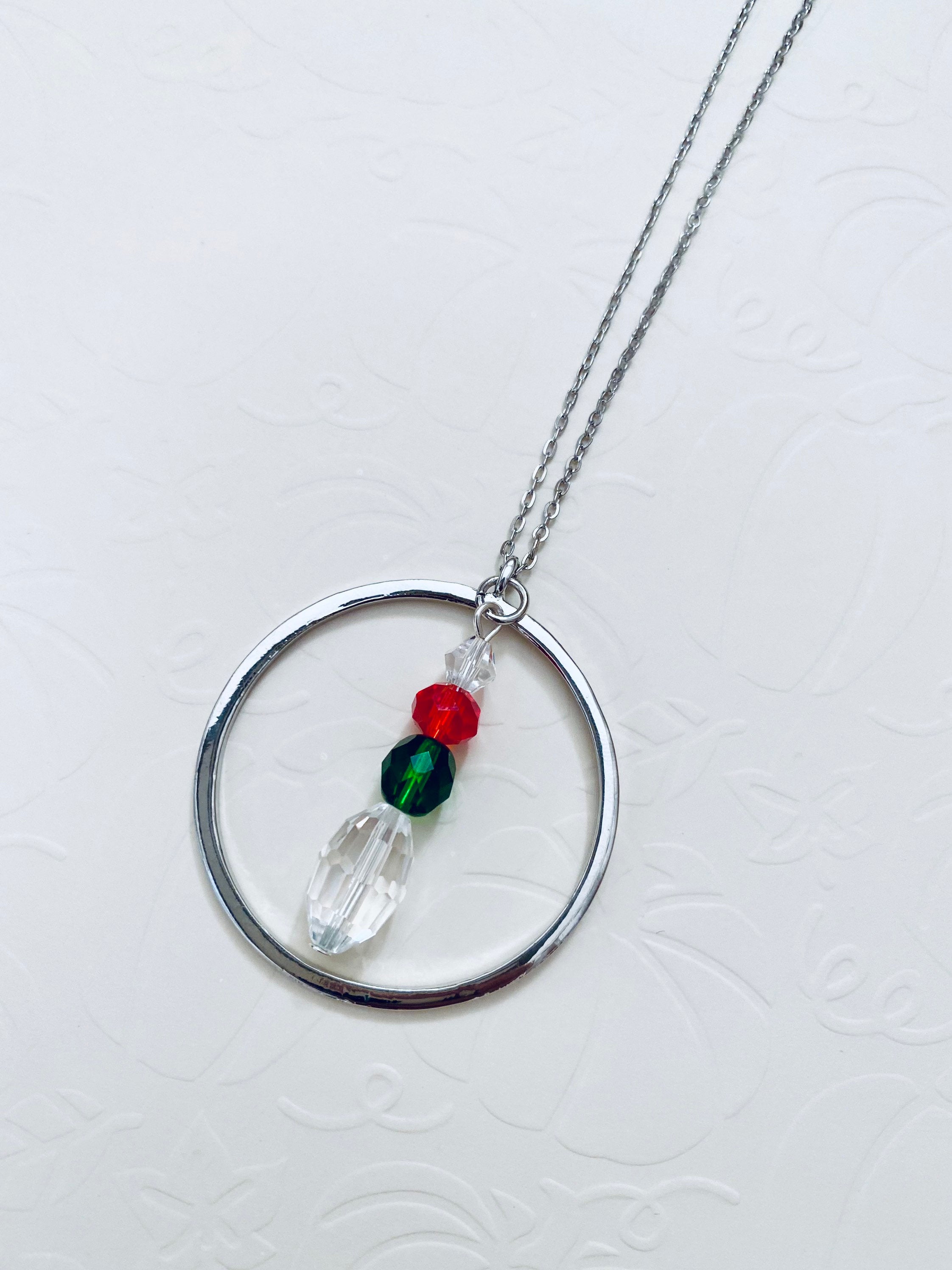Festive Circular Pendant Necklace, Red Green Crystal Beads, 30 inch Silver Chain