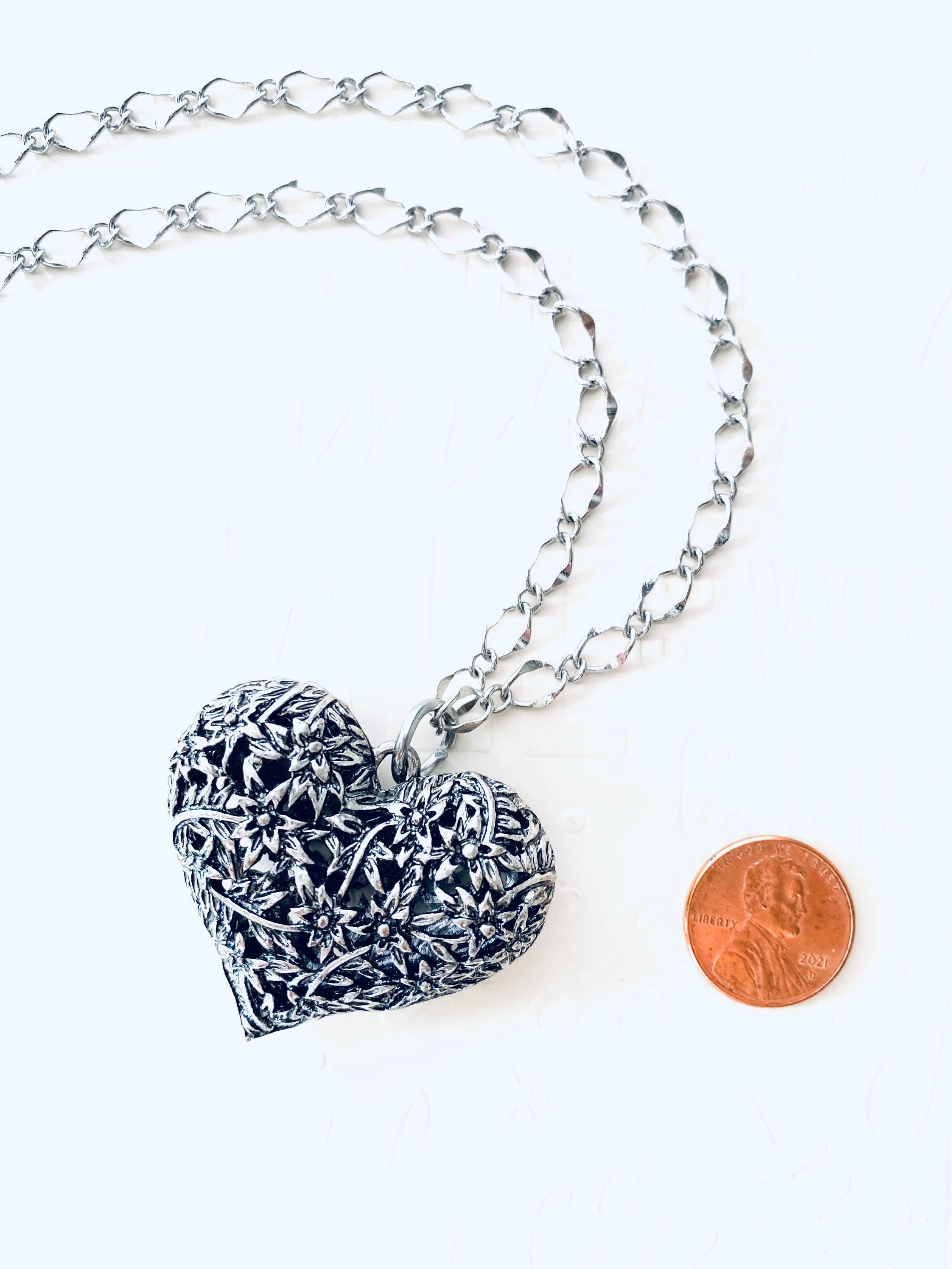 Flower Filigree Heart Pendant Necklace, Silver Plated Chain