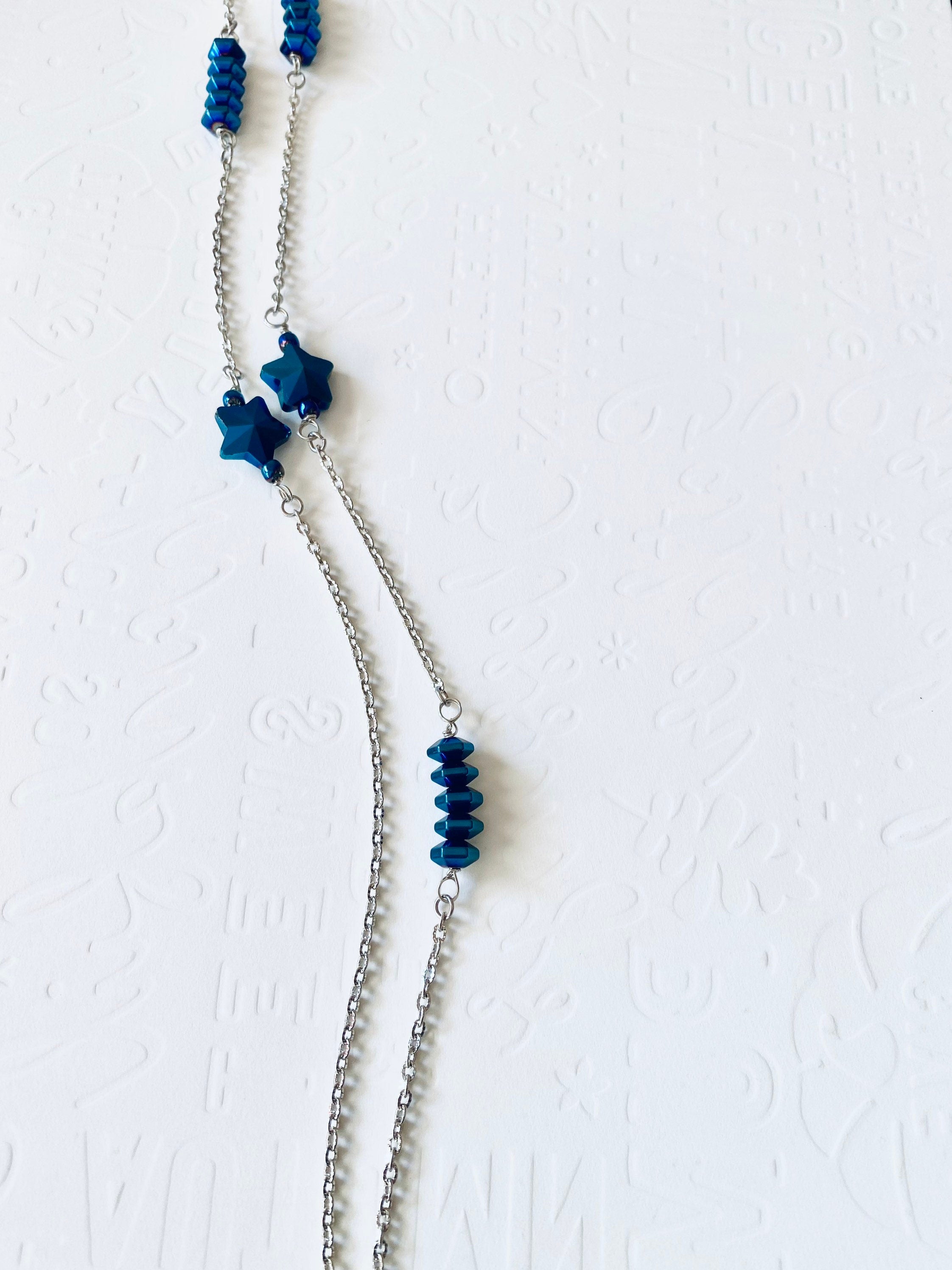 Handmade Blue Iridescent Star Necklace, Silver Chain, Patriotic Jewelry
