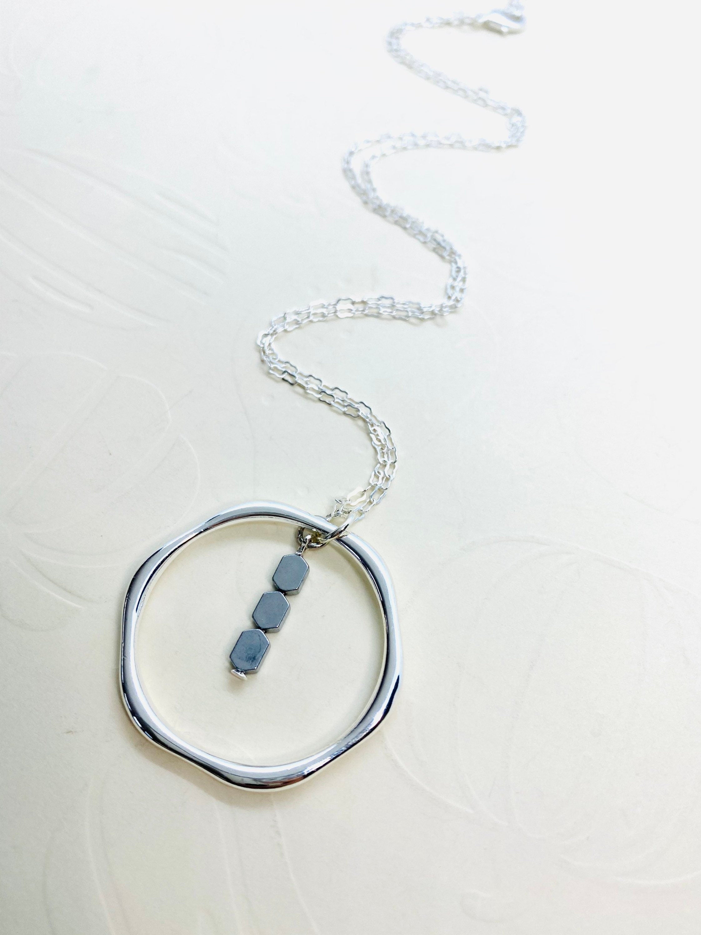 Silver Hexagon Pendant Necklace with Hematite Beads, 30 Inch Chain