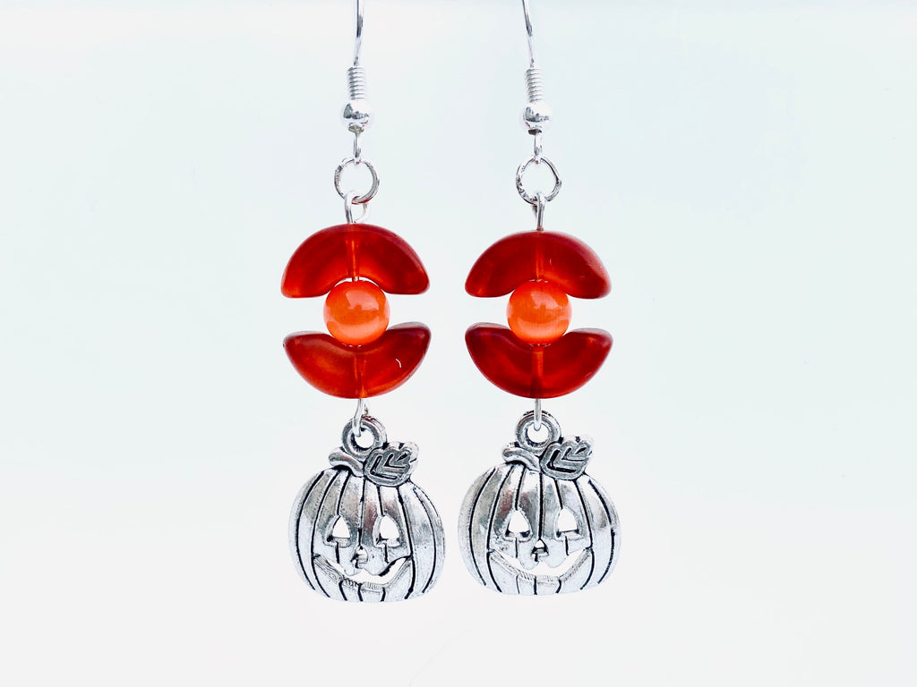 Halloween Pumpkin Earrings, Orange Beads, Silver Plated, Festive